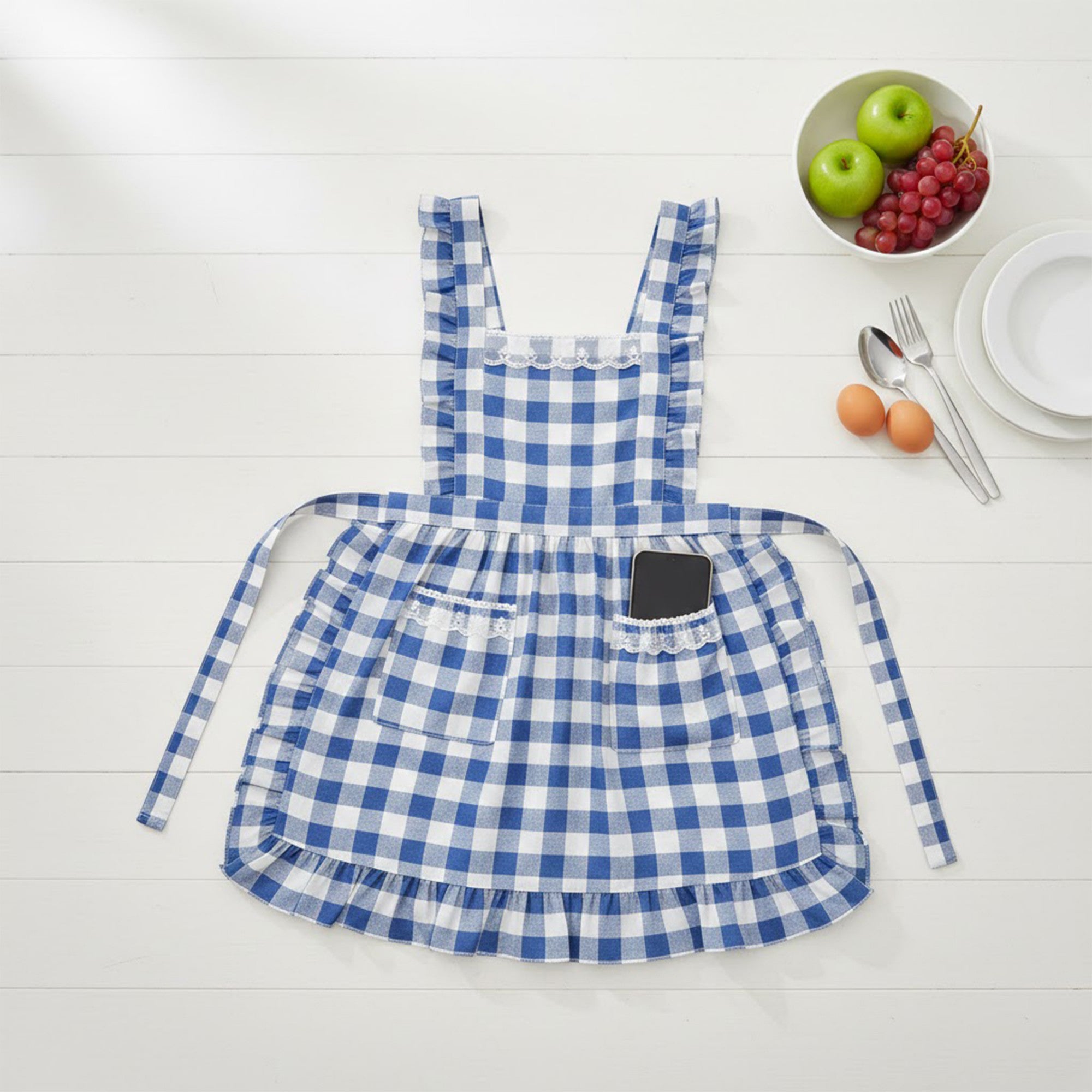Anna-Kaci Ruffle Trim Striped Kitchen Apron with Dual Front Pockets Adjustable Waist Ties and Decorative Lace Detail
