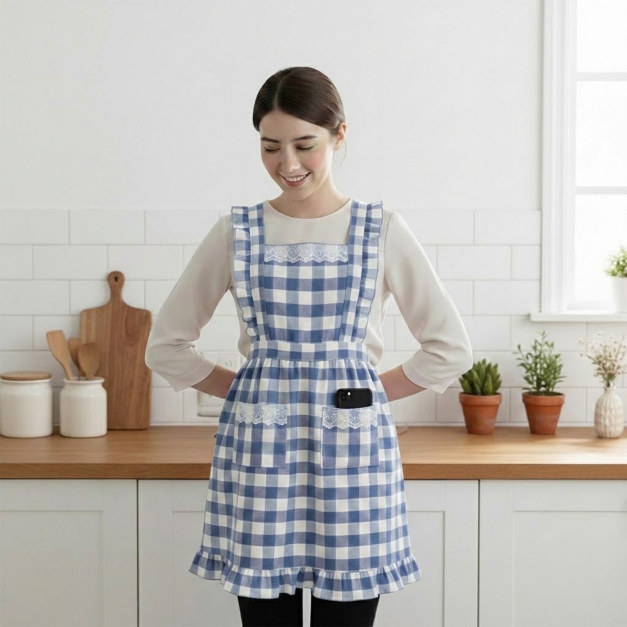 Anna-Kaci Ruffle Trim Striped Kitchen Apron with Dual Front Pockets Adjustable Waist Ties and Decorative Lace Detail