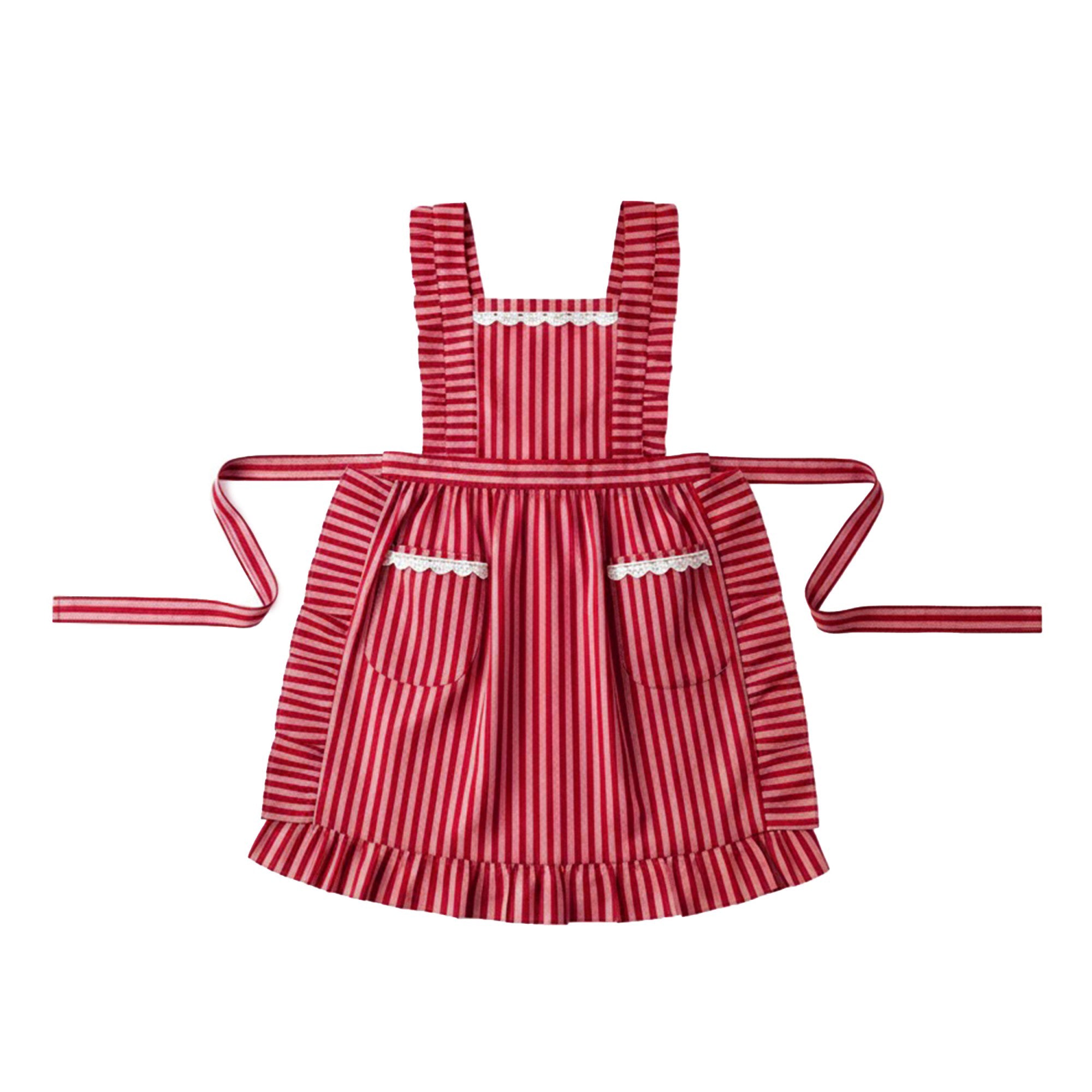 Anna-Kaci Ruffle Trim Striped Kitchen Apron with Dual Front Pockets Adjustable Waist Ties and Decorative Lace Detail