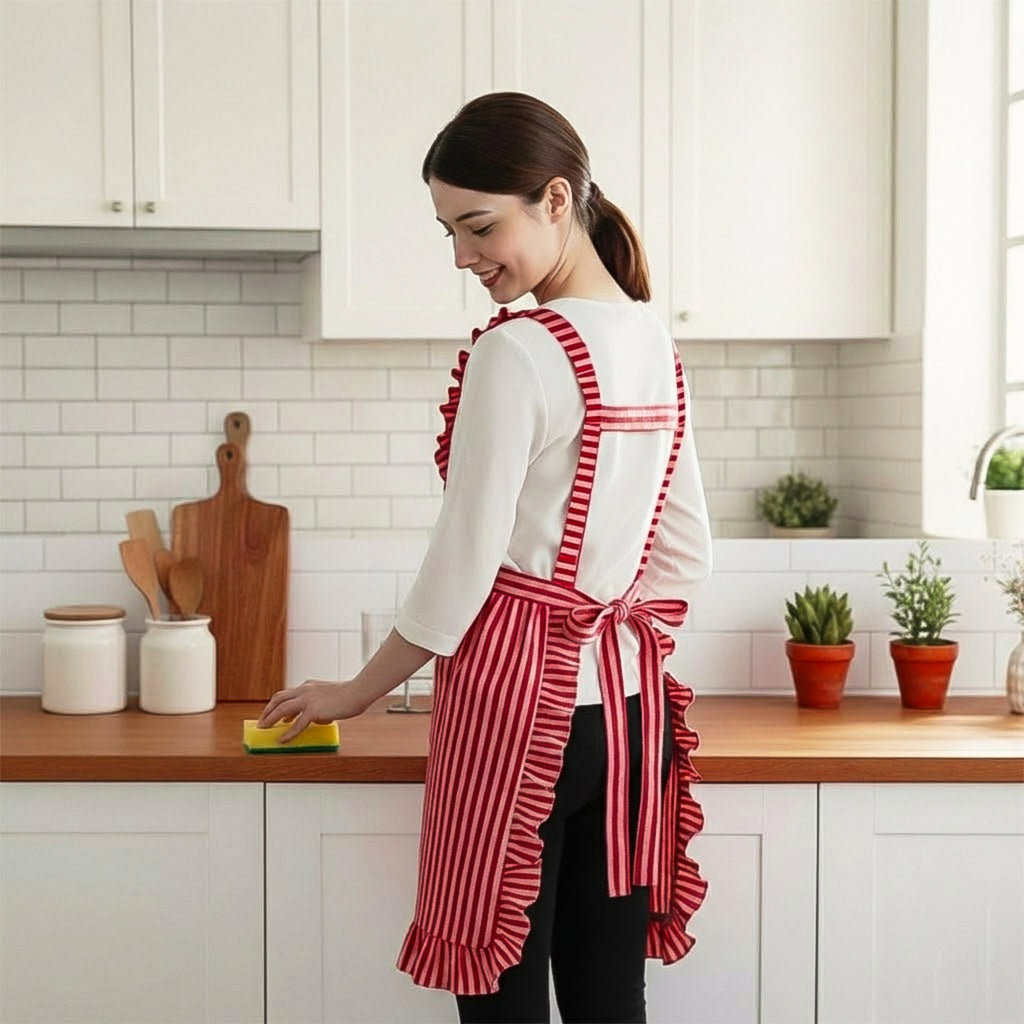 Anna-Kaci Ruffle Trim Striped Kitchen Apron with Dual Front Pockets Adjustable Waist Ties and Decorative Lace Detail