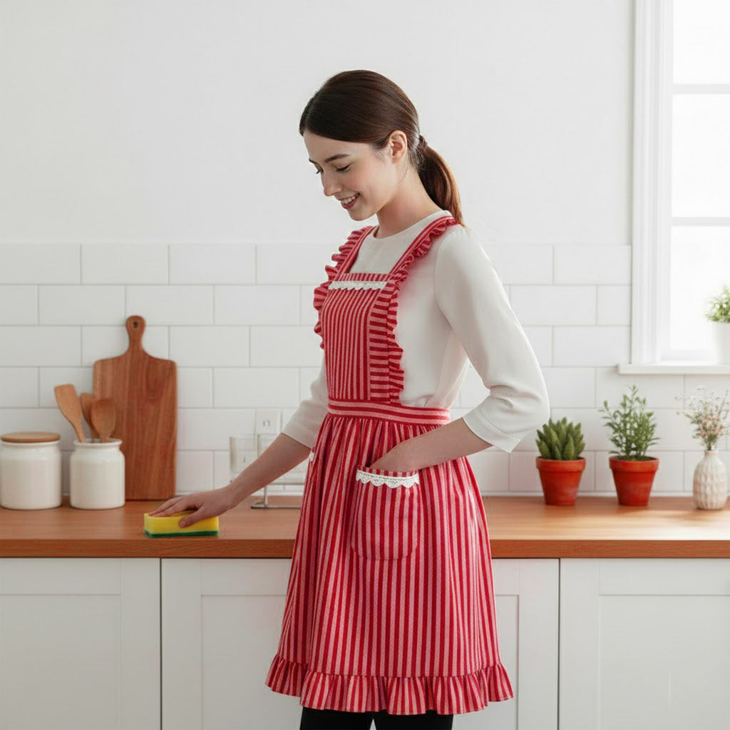 Anna-Kaci Ruffle Trim Striped Kitchen Apron with Dual Front Pockets Adjustable Waist Ties and Decorative Lace Detail