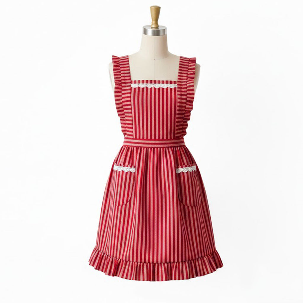 Anna-Kaci Ruffle Trim Striped Kitchen Apron with Dual Front Pockets Adjustable Waist Ties and Decorative Lace Detail