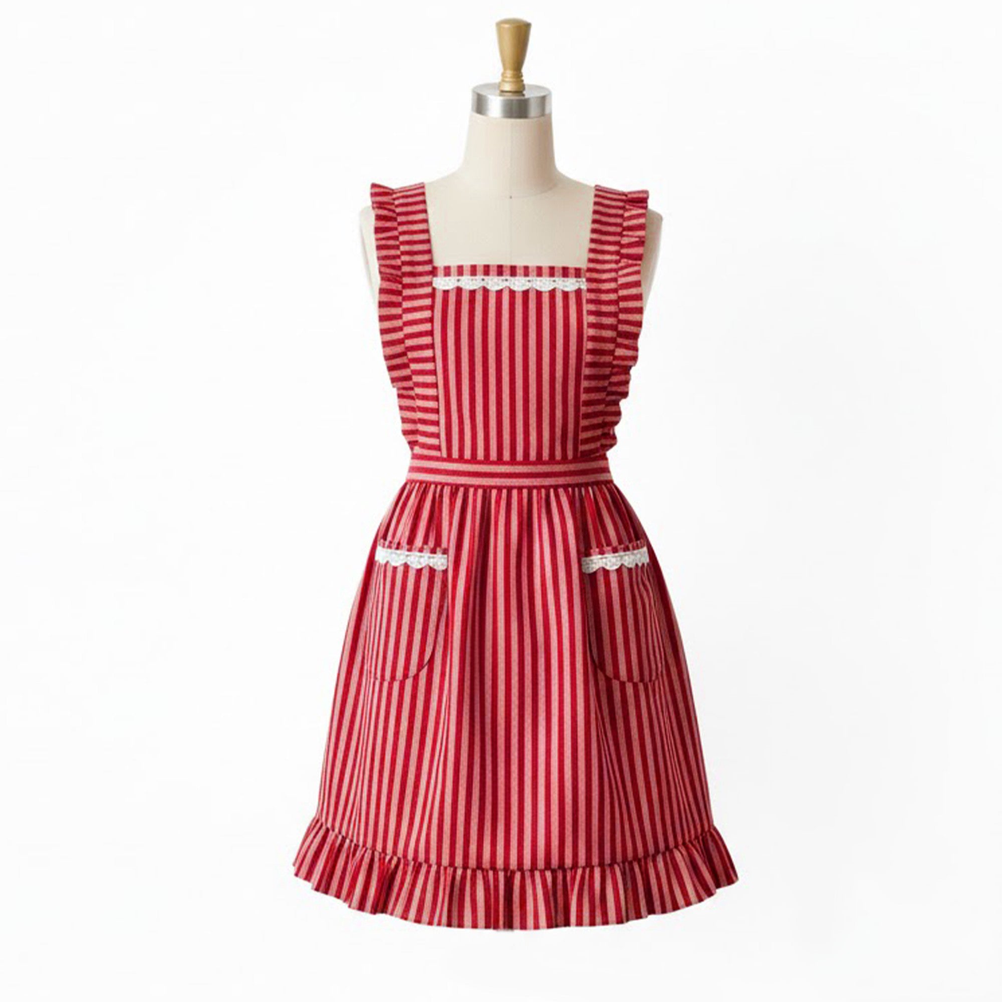 Anna-Kaci Ruffle Trim Striped Kitchen Apron with Dual Front Pockets Adjustable Waist Ties and Decorative Lace Detail