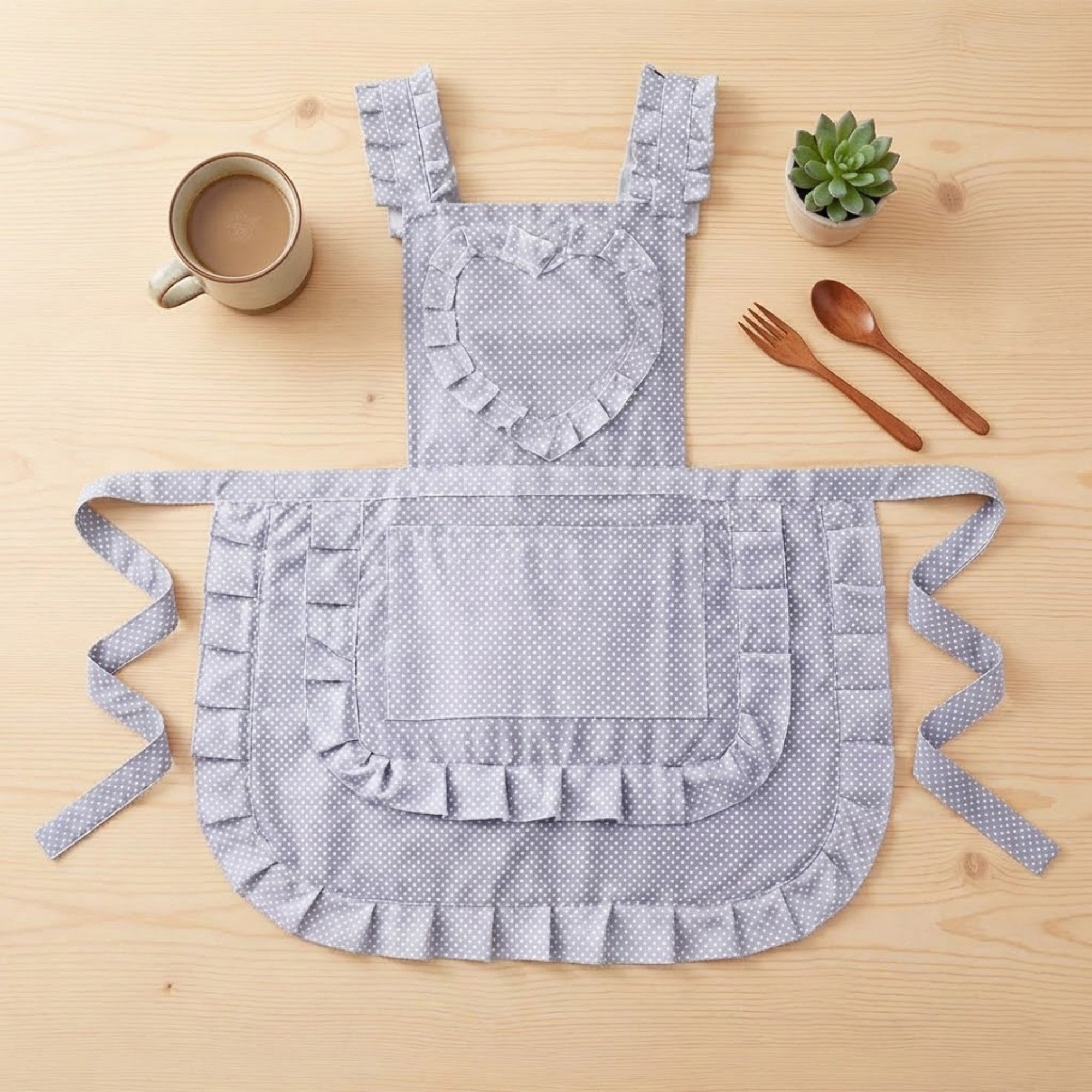 Anna-Kaci Ruffle Detail Kitchen Apron with Heart Accent Front Pocket and Adjustable Waist Ties