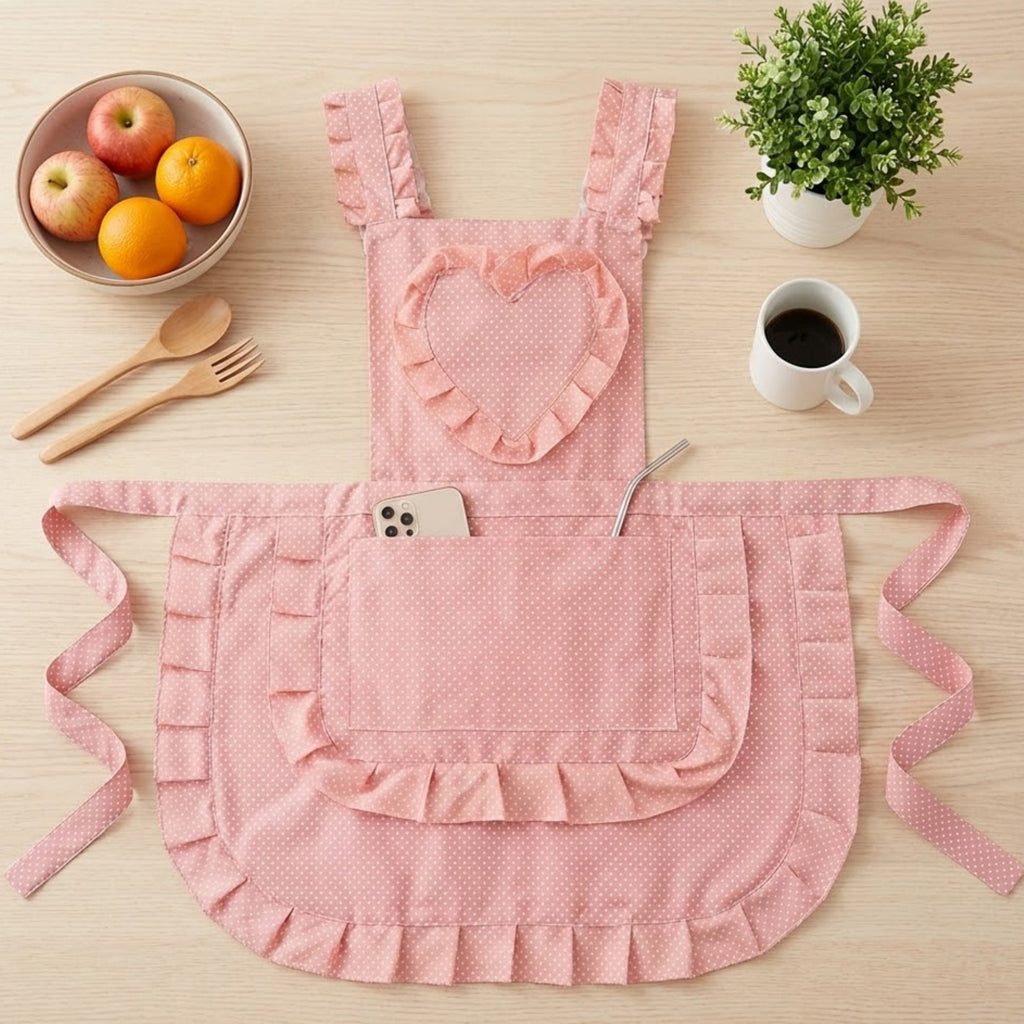 Anna-Kaci Ruffle Detail Kitchen Apron with Heart Accent Front Pocket and Adjustable Waist Ties