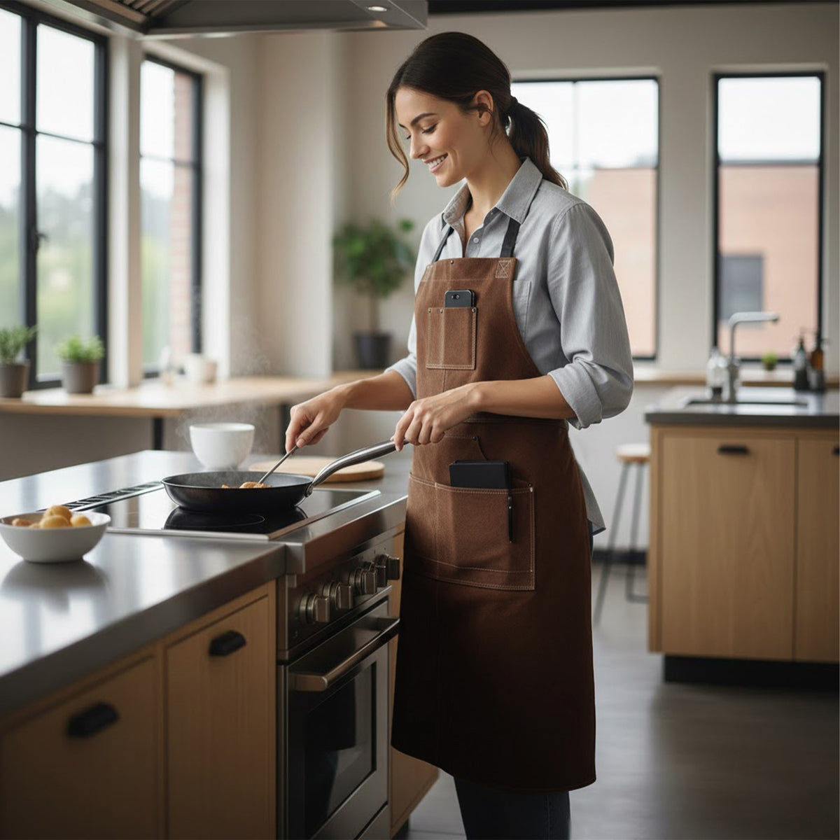 Heavy Duty Work Apron with Adjustable Cross Back Straps Multiple Tool Pockets and Reinforced Construction