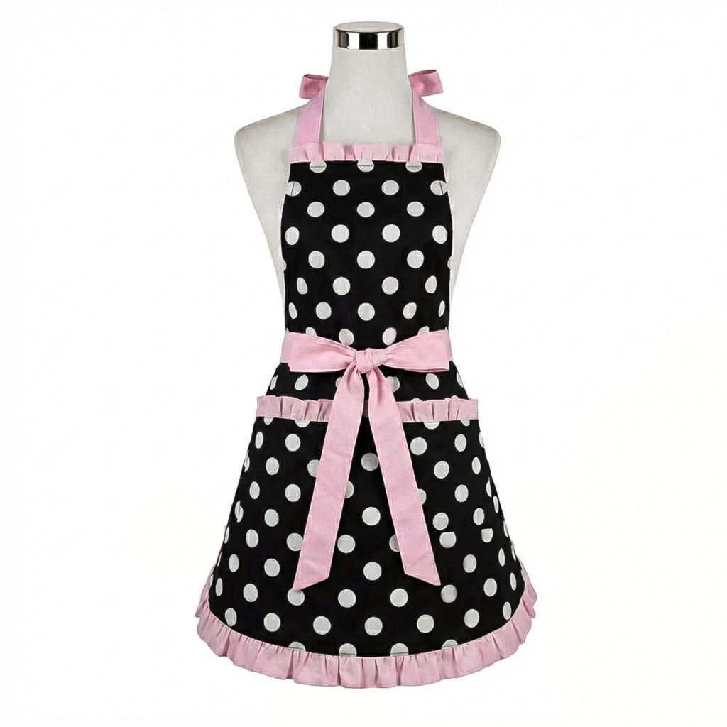 Anna-Kaci Polka Dot Kitchen Apron with Ruffle Trim Adjustable Ties and Front Pockets