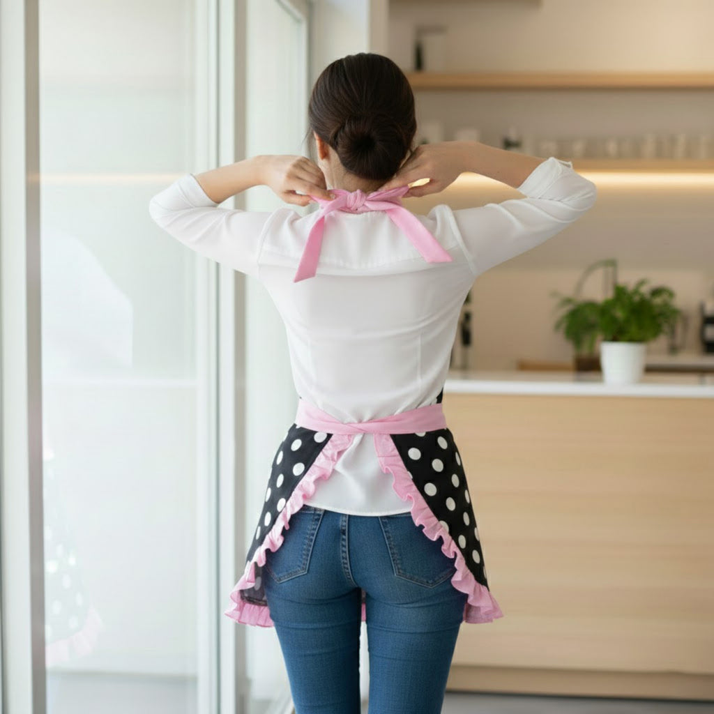 Anna-Kaci Polka Dot Kitchen Apron with Ruffle Trim Adjustable Ties and Front Pockets
