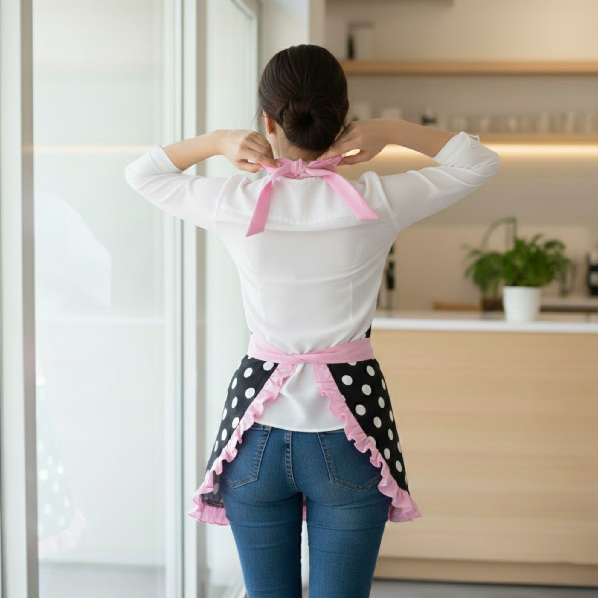 Anna-Kaci Polka Dot Kitchen Apron with Ruffle Trim Adjustable Ties and Front Pockets
