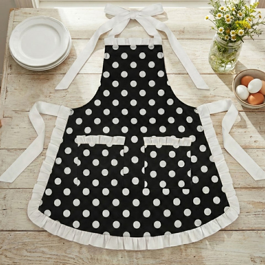 Anna-Kaci Polka Dot Kitchen Apron with Ruffle Trim Adjustable Ties and Front Pockets