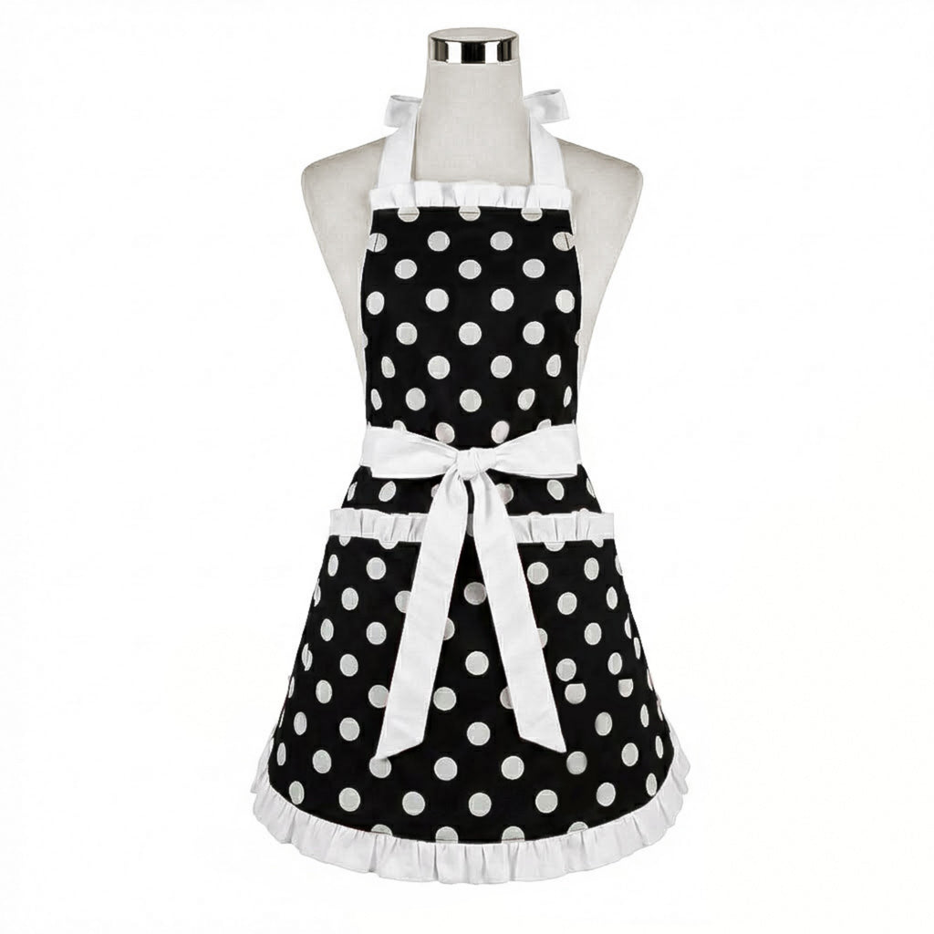 Anna-Kaci Polka Dot Kitchen Apron with Ruffle Trim Adjustable Ties and Front Pockets