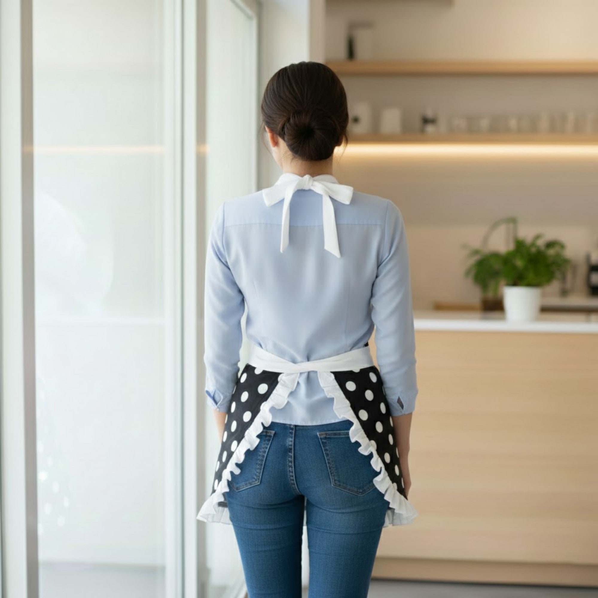Anna-Kaci Polka Dot Kitchen Apron with Ruffle Trim Adjustable Ties and Front Pockets