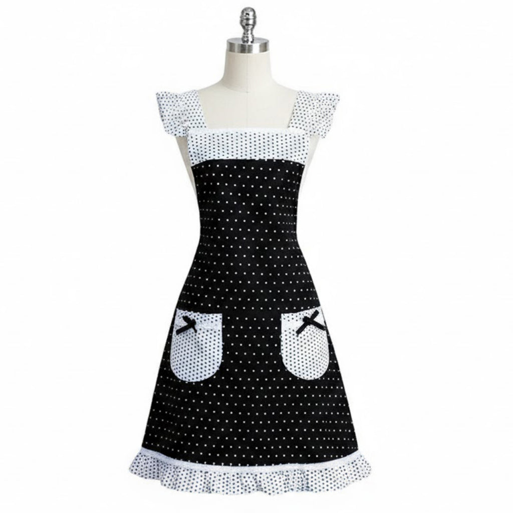 Anna-Kaci Polka Dot Kitchen Apron with Ruffle Trim Adjustable Shoulder Straps Waist Ties and Front Pockets