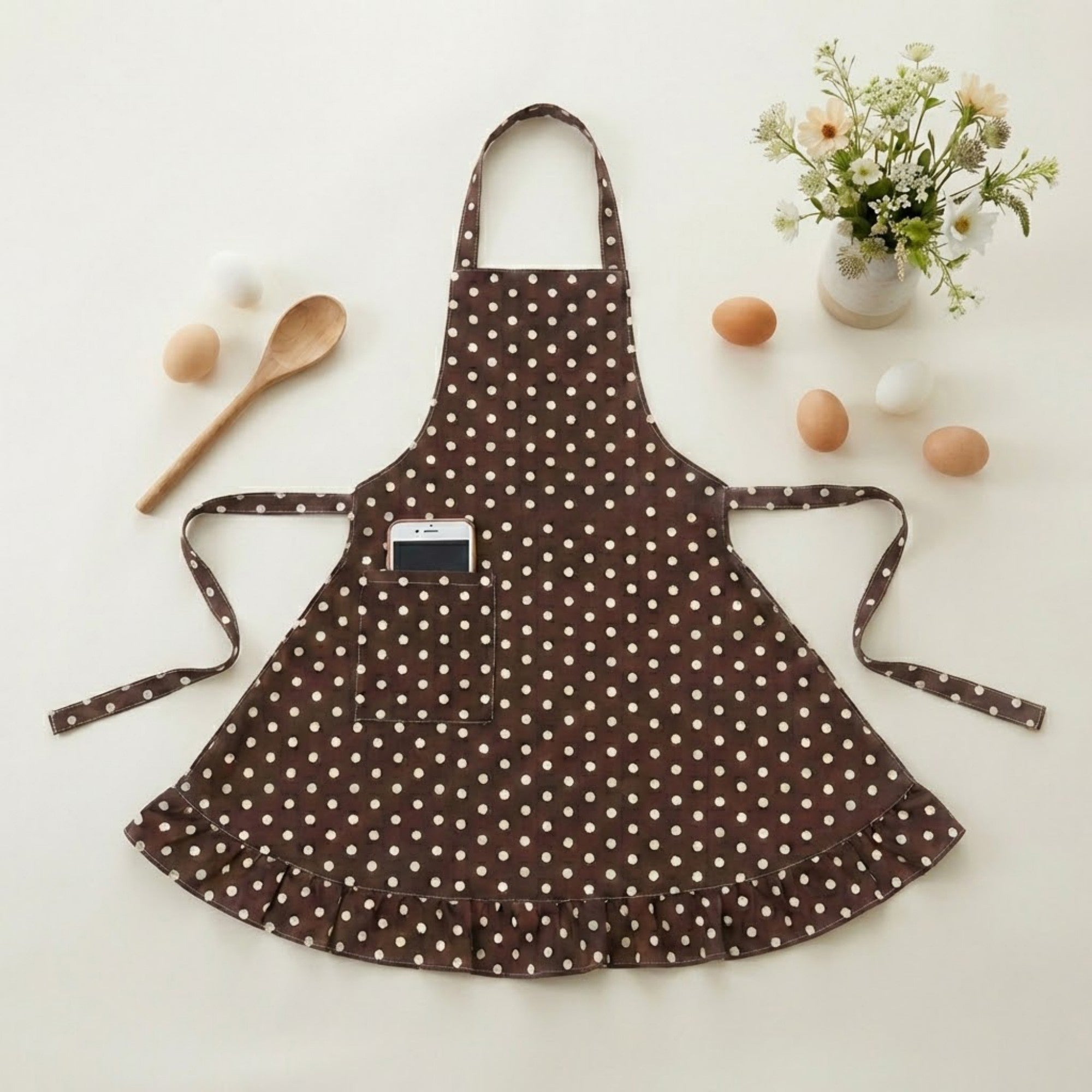 Anna-Kaci Polka Dot Kitchen Apron with Adjustable Neck Strap Front Pocket and Ruffled Hem