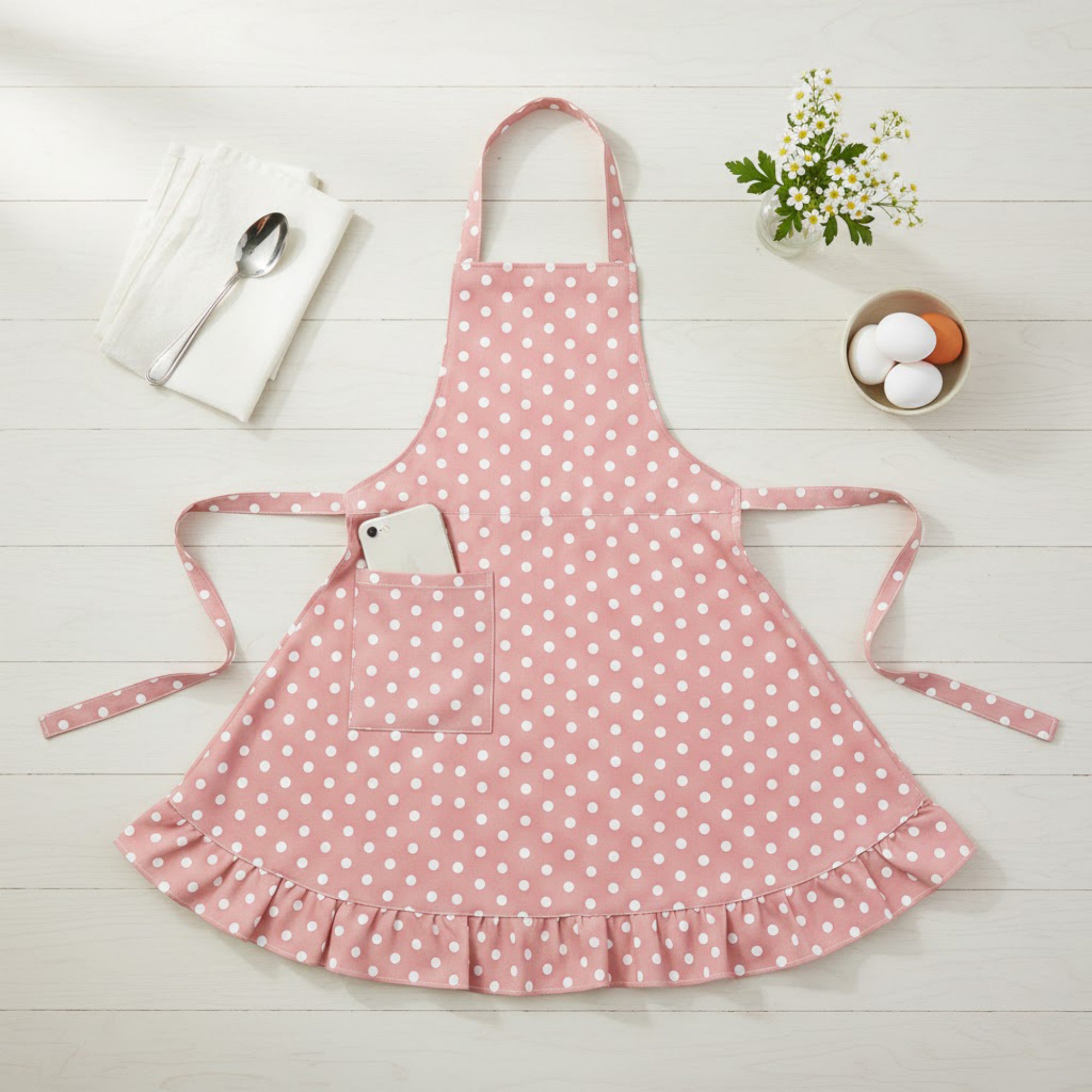 Anna-Kaci Polka Dot Kitchen Apron with Adjustable Neck Strap Front Pocket and Ruffled Hem