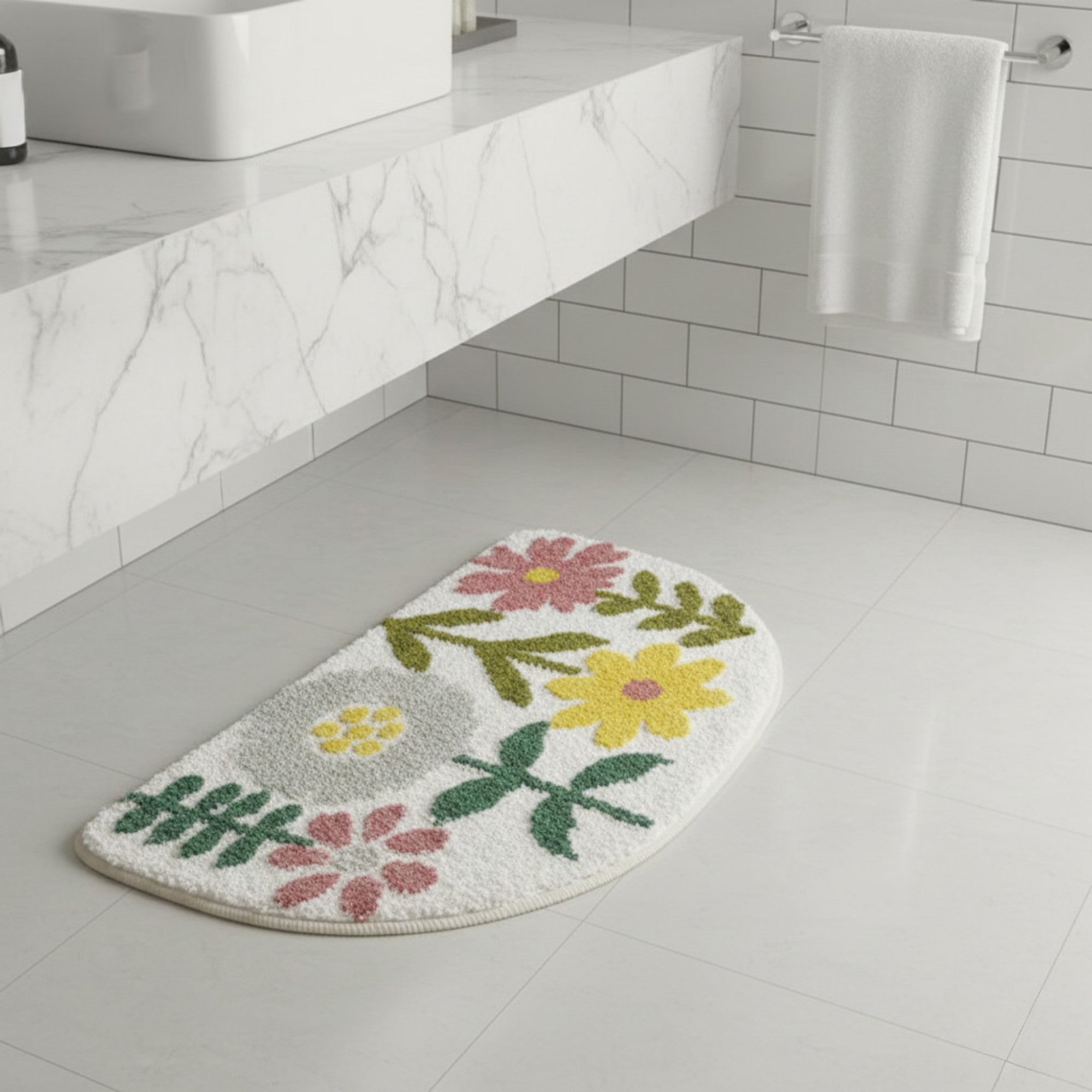 Anna-Kaci Floral Botanical Half Moon Bathroom Floor Mat Soft Absorbent with Non Slip Backing