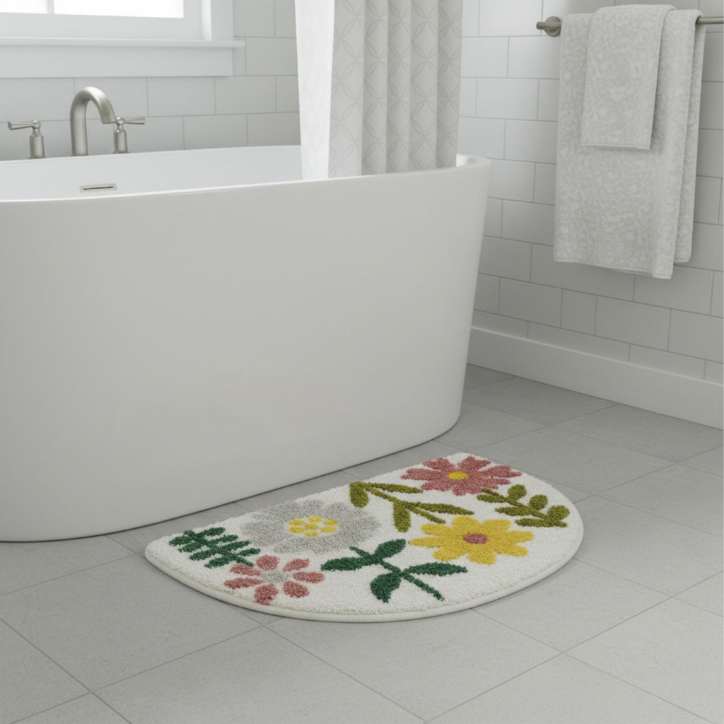 Anna-Kaci Floral Botanical Half Moon Bathroom Floor Mat Soft Absorbent with Non Slip Backing