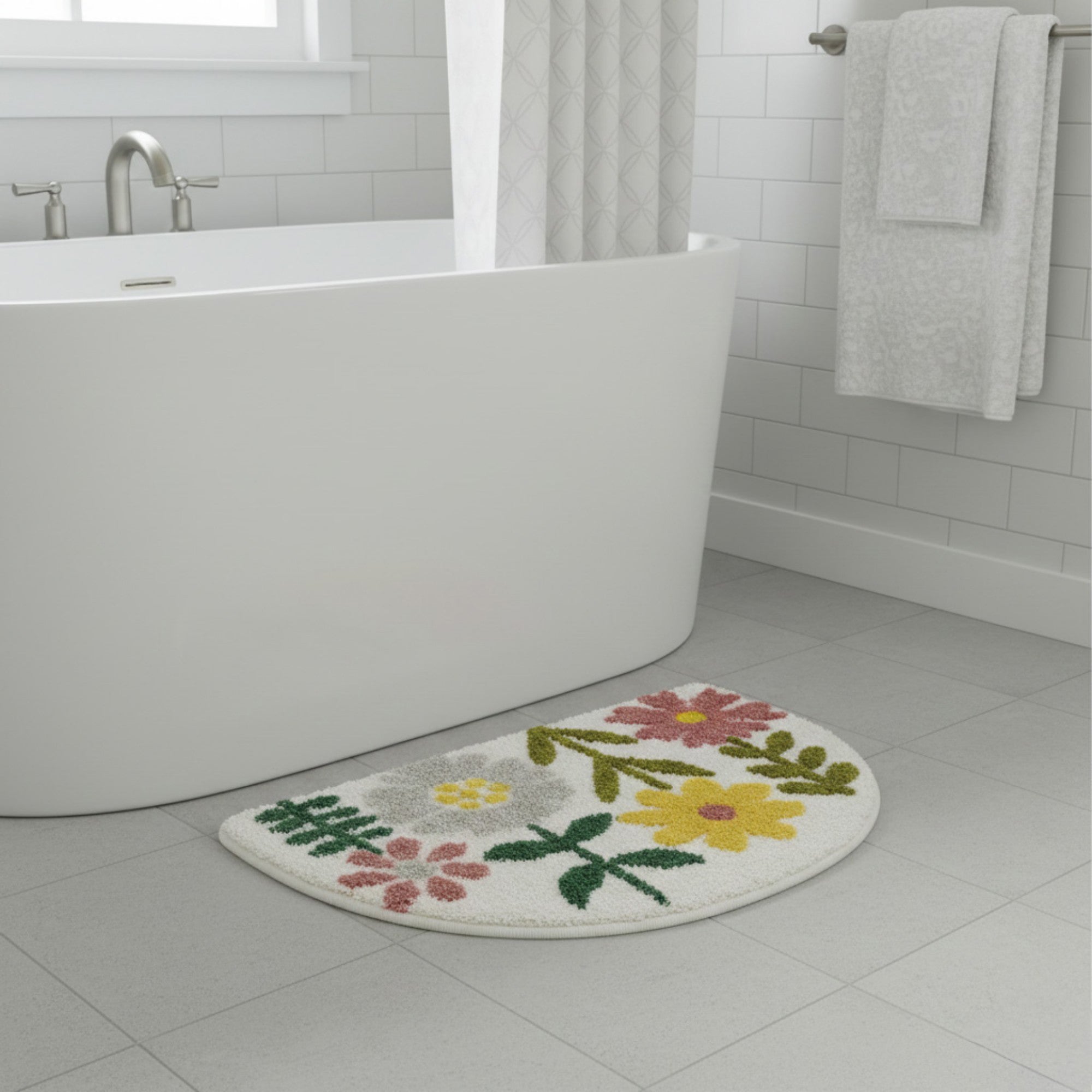 Anna-Kaci Floral Botanical Half Moon Bathroom Floor Mat Soft Absorbent with Non Slip Backing