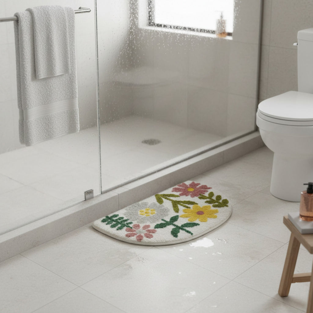 Anna-Kaci Floral Botanical Half Moon Bathroom Floor Mat Soft Absorbent with Non Slip Backing