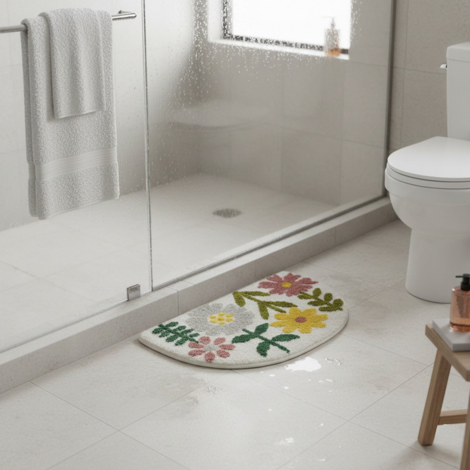 Anna-Kaci Floral Botanical Half Moon Bathroom Floor Mat Soft Absorbent with Non Slip Backing