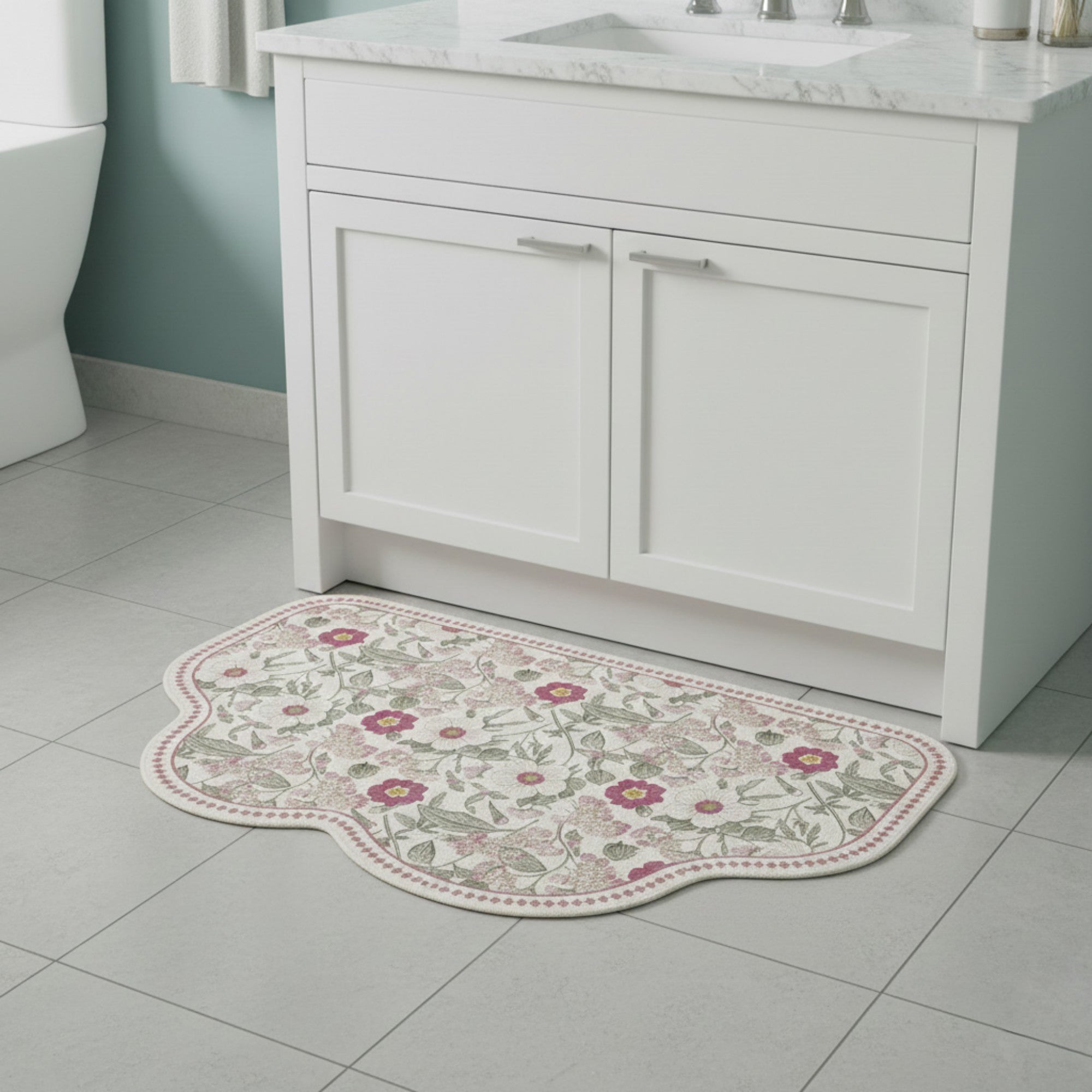 Anna-Kaci Floral Vine Pattern Scalloped Bathroom Floor Mat Soft Absorbent with Non Slip Backing