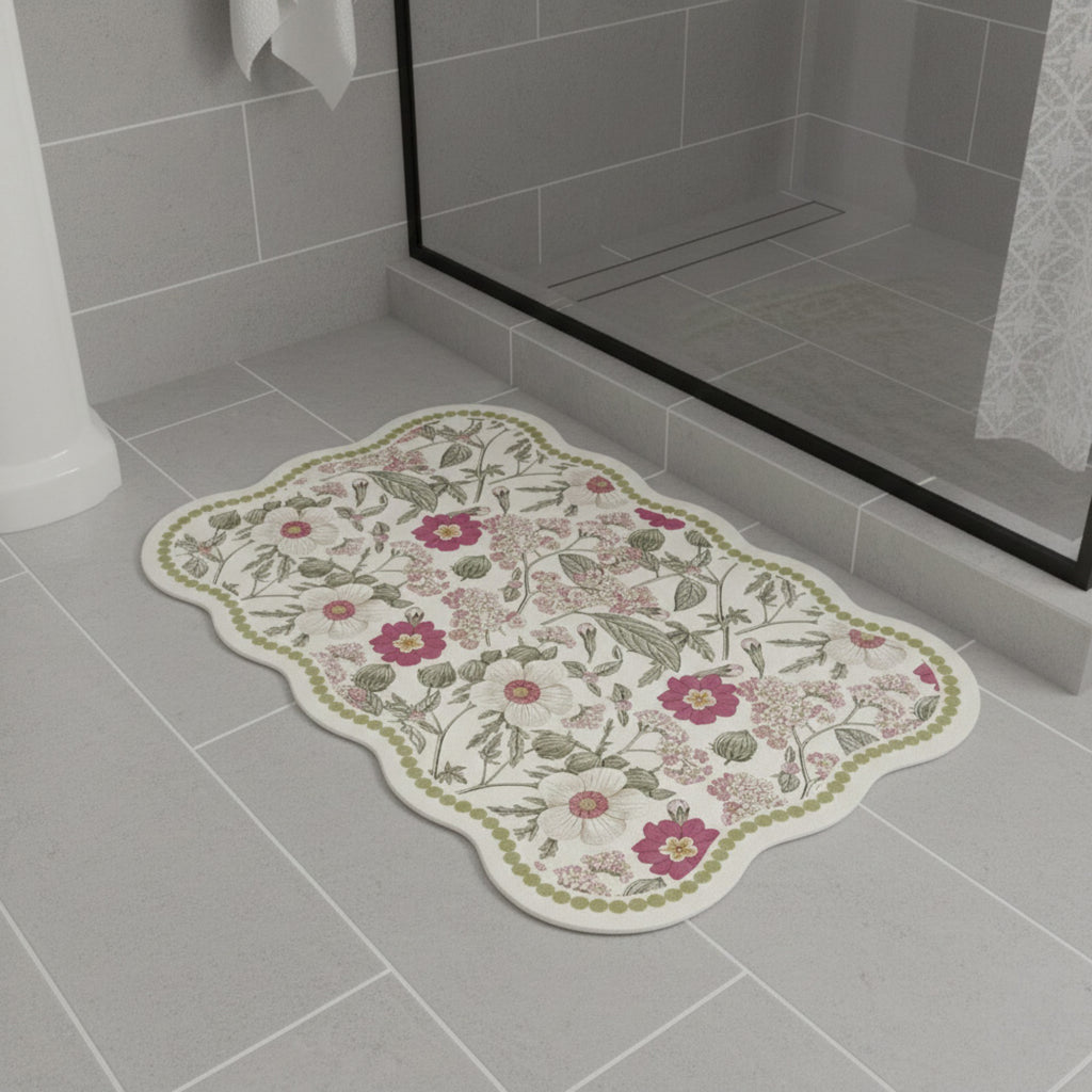 Anna-Kaci Floral Vine Pattern Scalloped Bathroom Floor Mat Soft Absorbent with Non Slip Backing