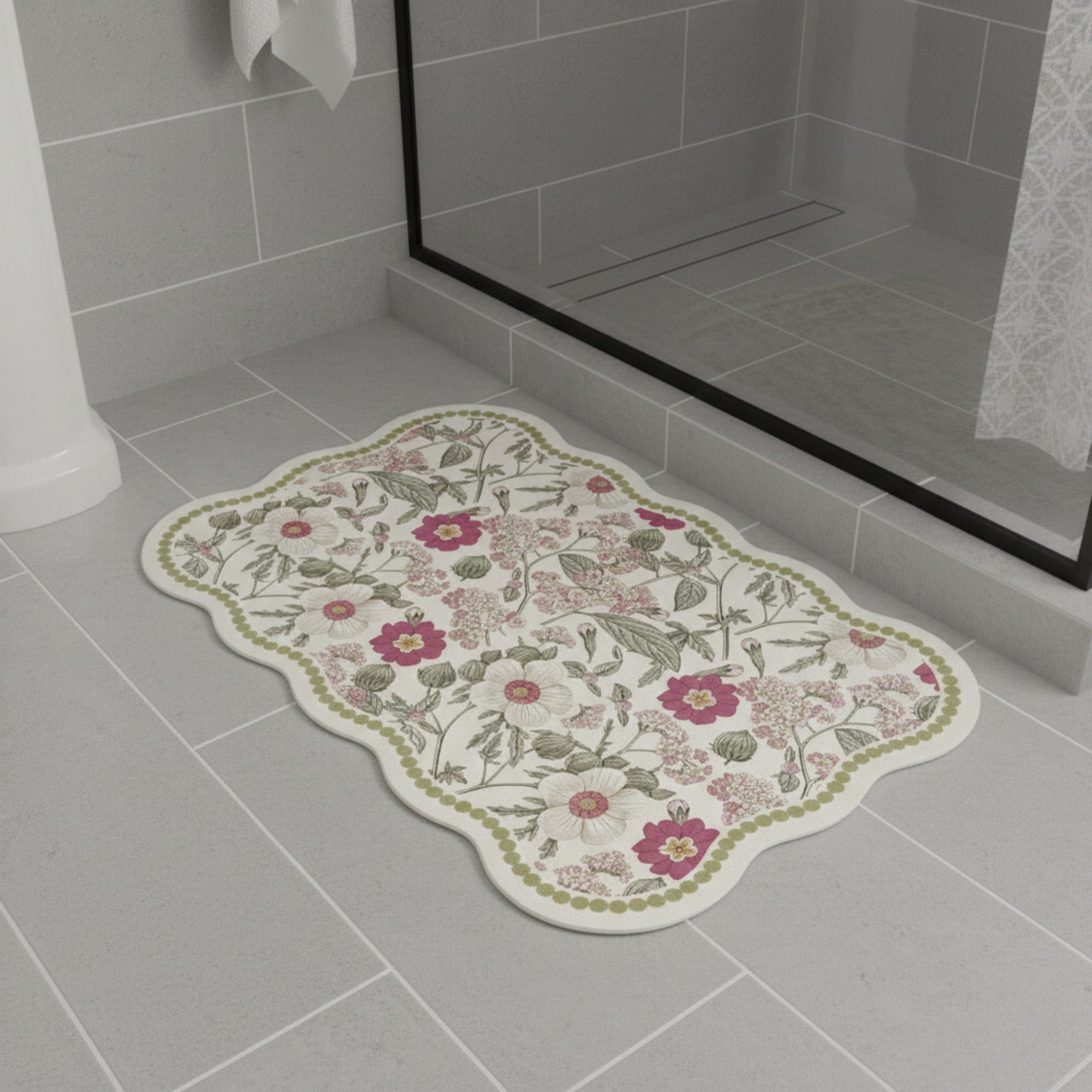 Anna-Kaci Floral Vine Pattern Scalloped Bathroom Floor Mat Soft Absorbent with Non Slip Backing