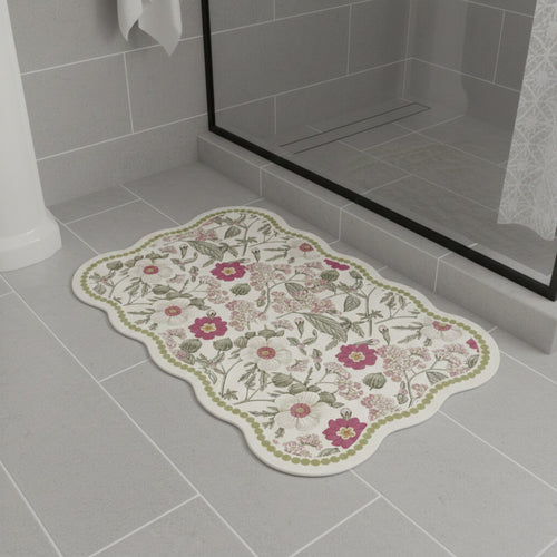 Anna-Kaci Floral Vine Pattern Scalloped Bathroom Floor Mat Soft Absorbent with Non Slip Backing