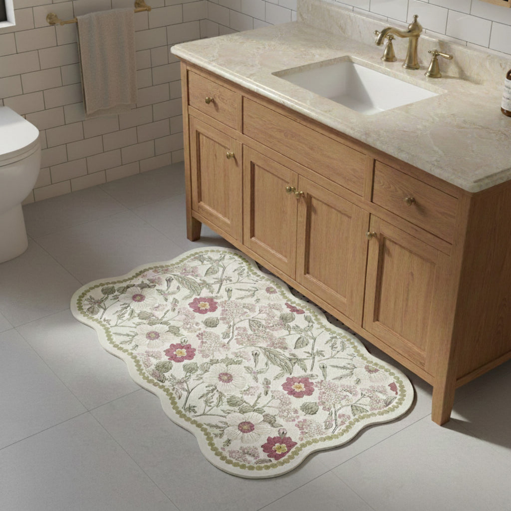 Anna-Kaci Floral Vine Pattern Scalloped Bathroom Floor Mat Soft Absorbent with Non Slip Backing
