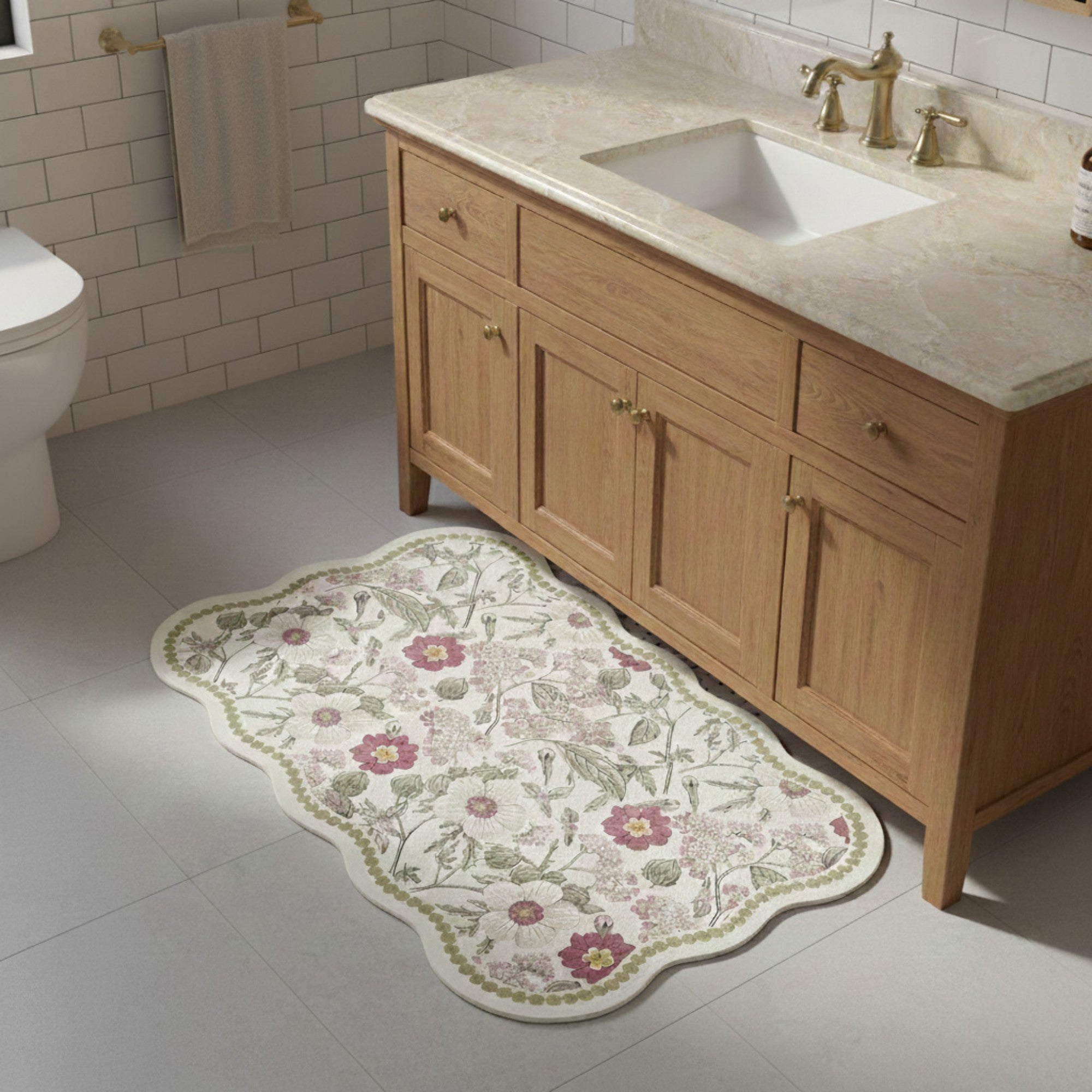 Anna-Kaci Floral Vine Pattern Scalloped Bathroom Floor Mat Soft Absorbent with Non Slip Backing
