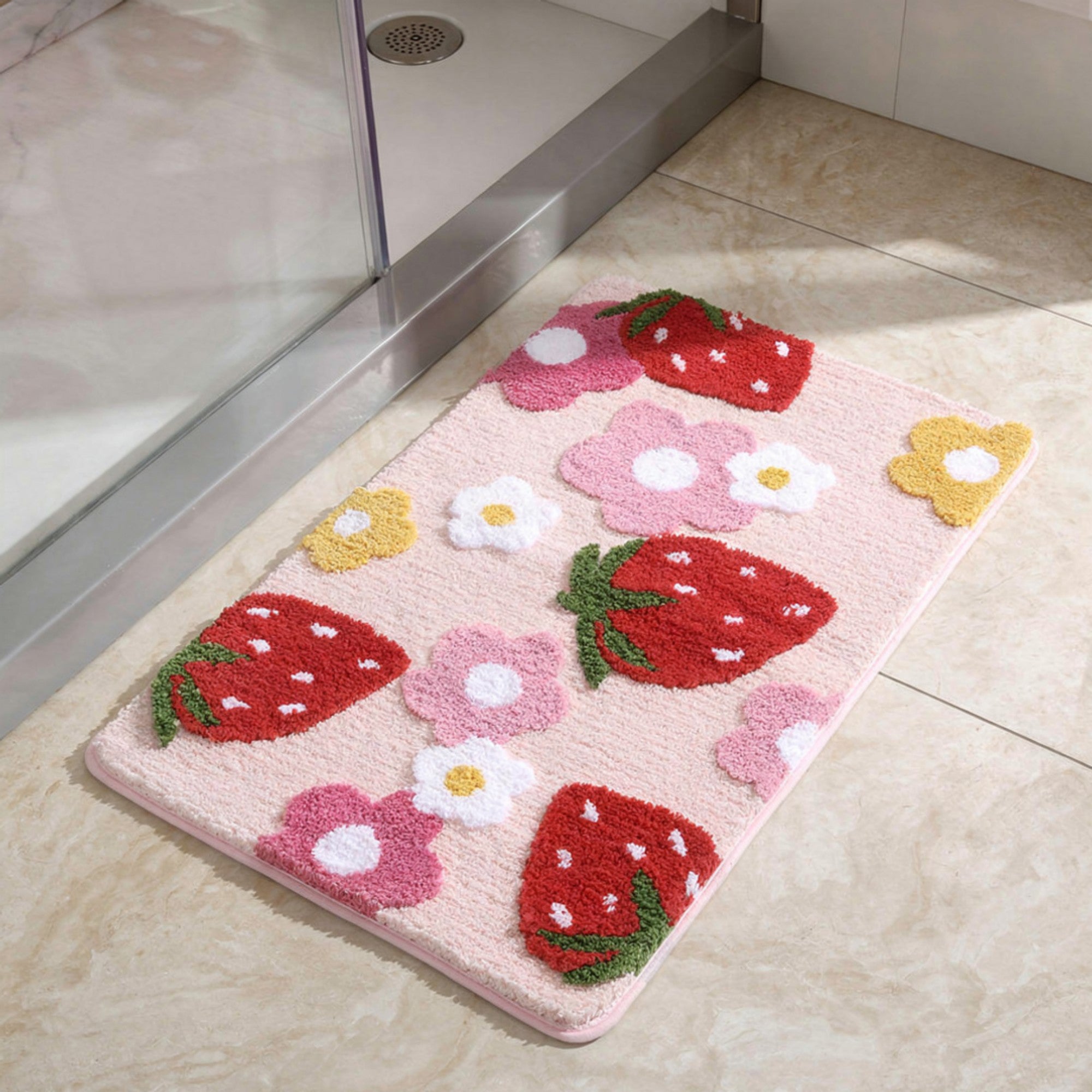 Anna-Kaci Strawberry and Floral Pattern Soft Absorbent Bathroom Floor Mat with Non Slip Backing