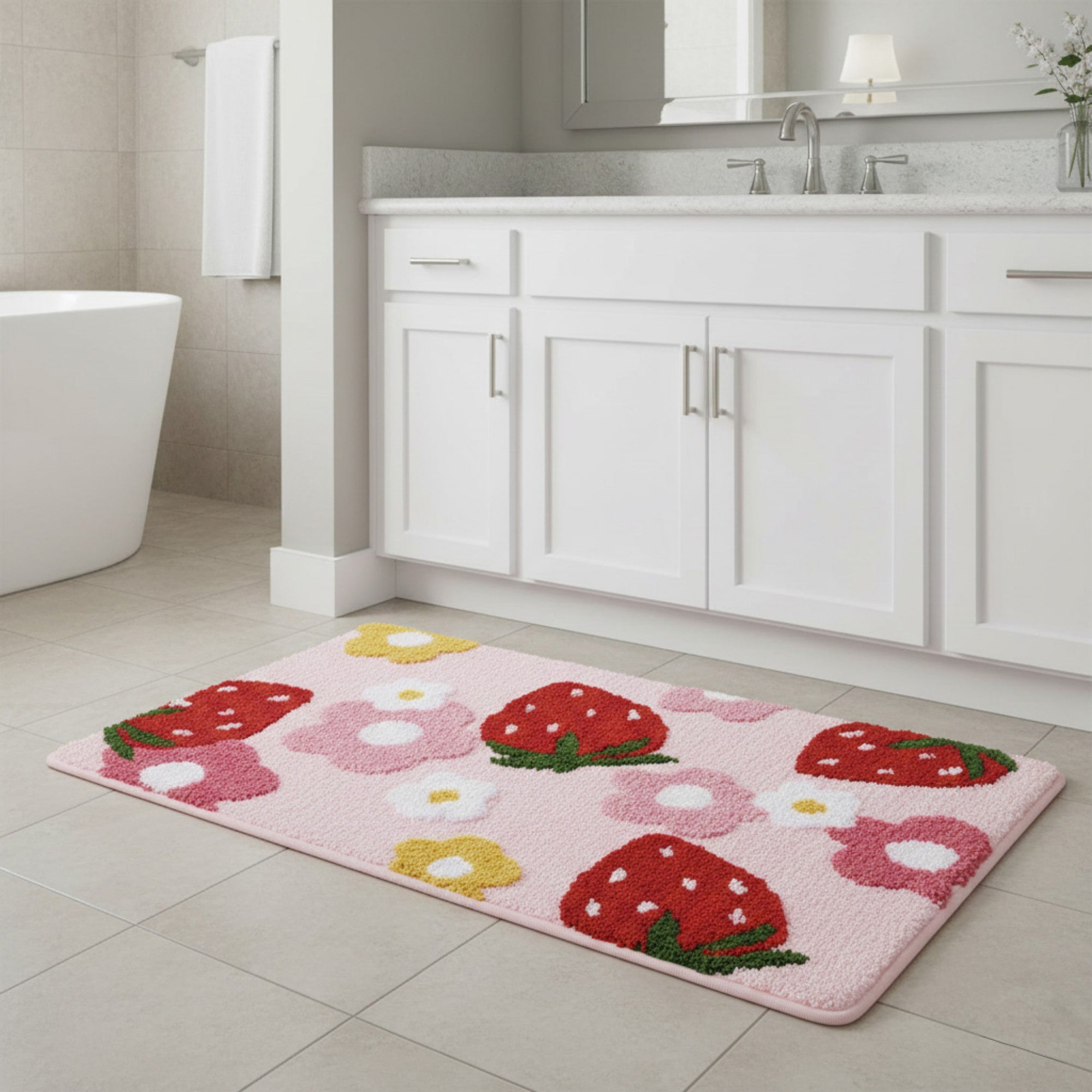 Anna-Kaci Strawberry and Floral Pattern Soft Absorbent Bathroom Floor Mat with Non Slip Backing