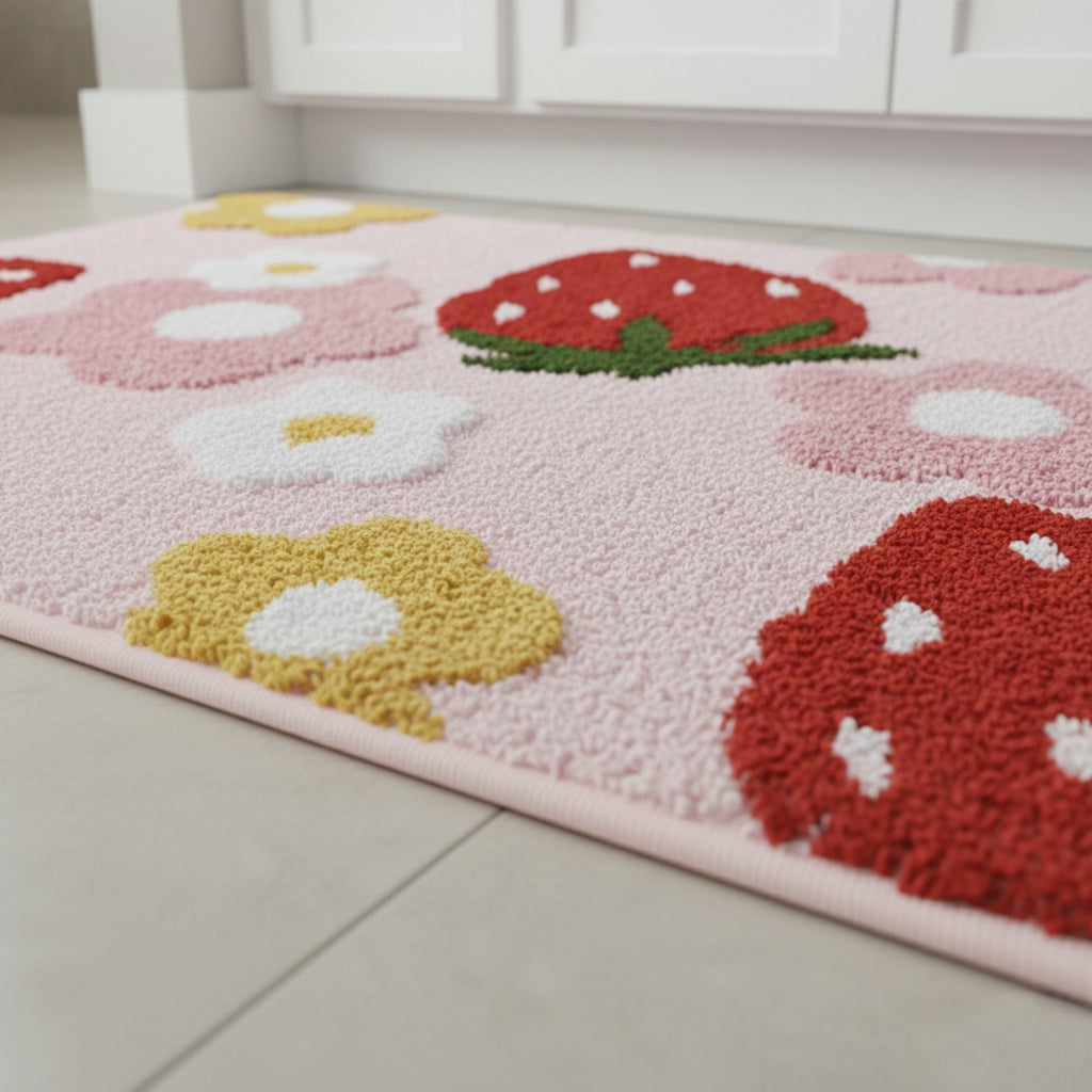 Anna-Kaci Strawberry and Floral Pattern Soft Absorbent Bathroom Floor Mat with Non Slip Backing