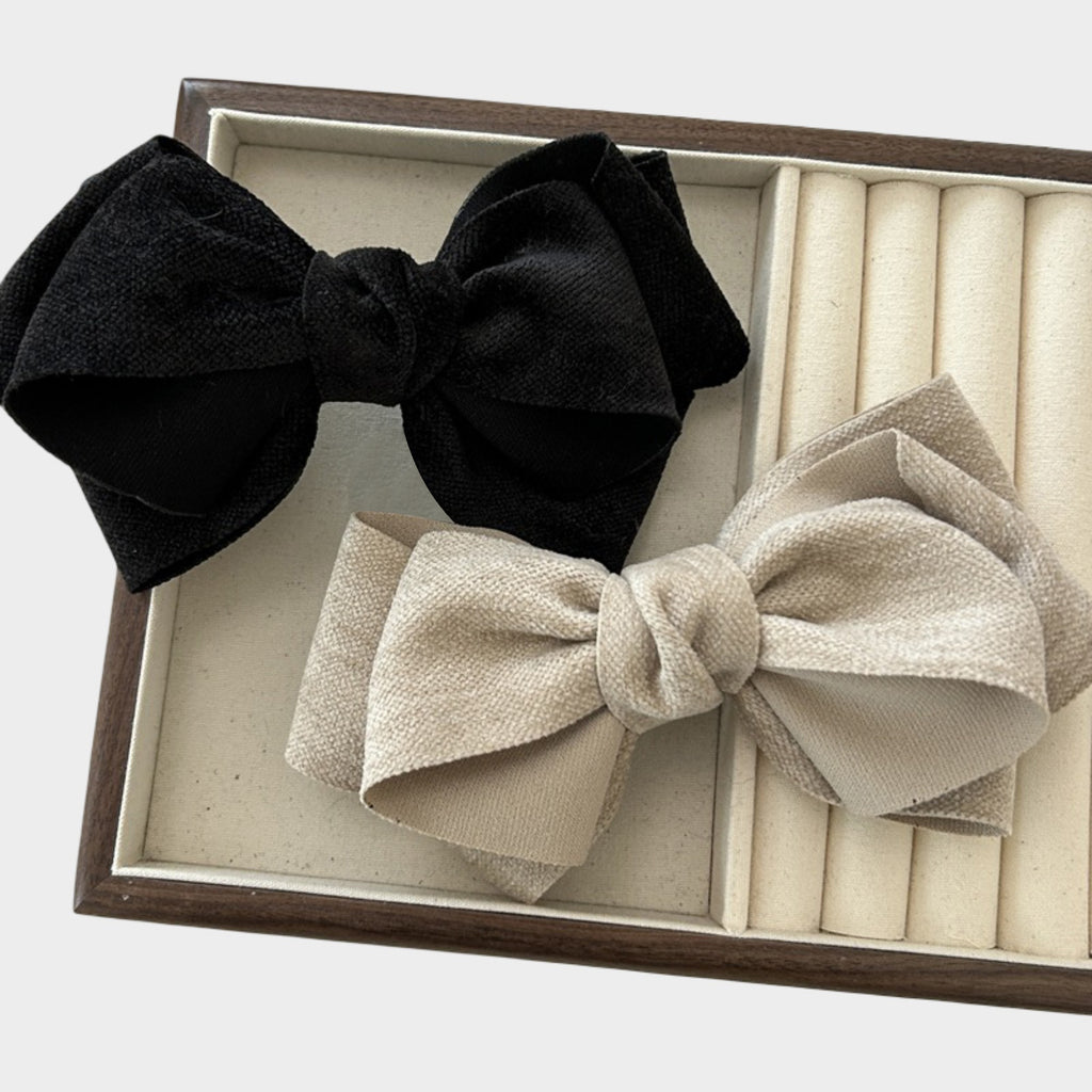 Anna-Kaci Womens Linen Style Fabric Bow Hair Clips 2 Pack Long Barrettes Secure Hold