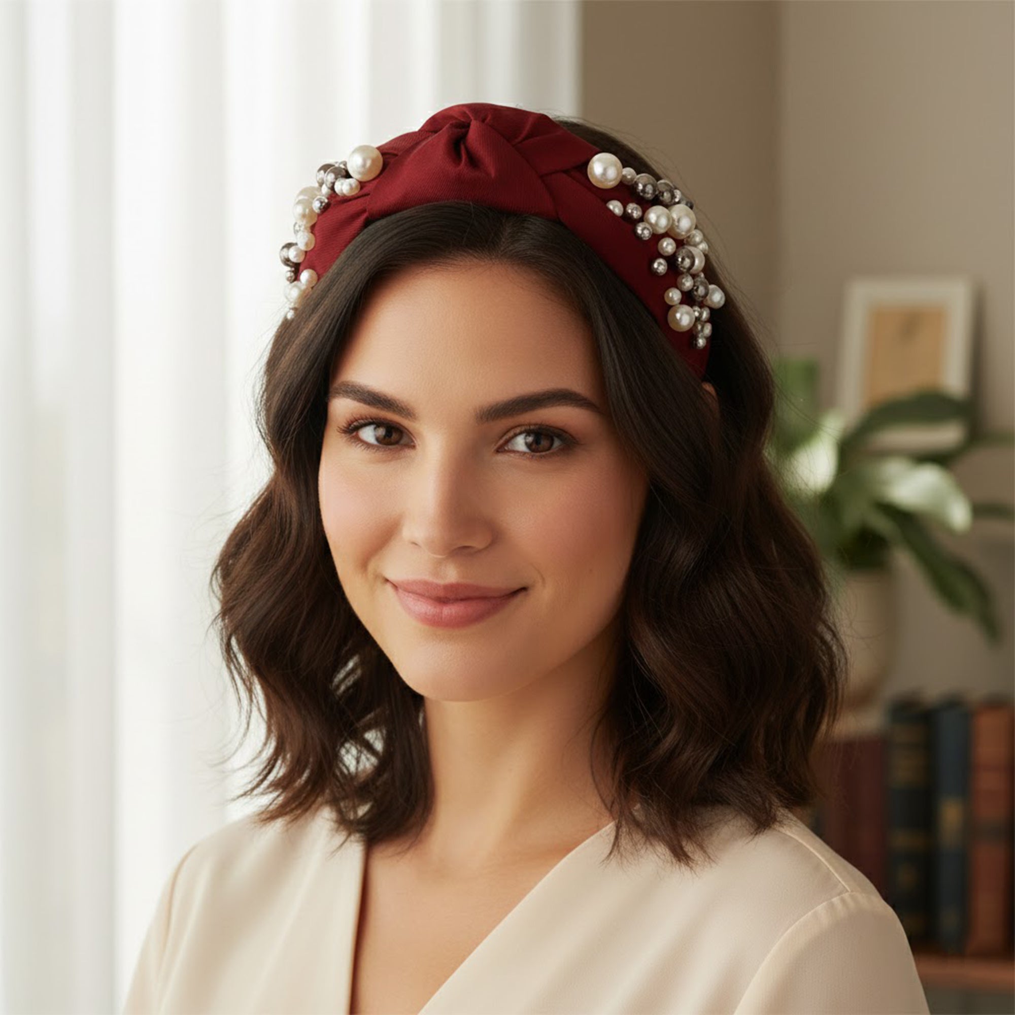 Anna-Kaci Womens Pearl Embellished Knotted Fabric Headband Comfortable Wide Fit
