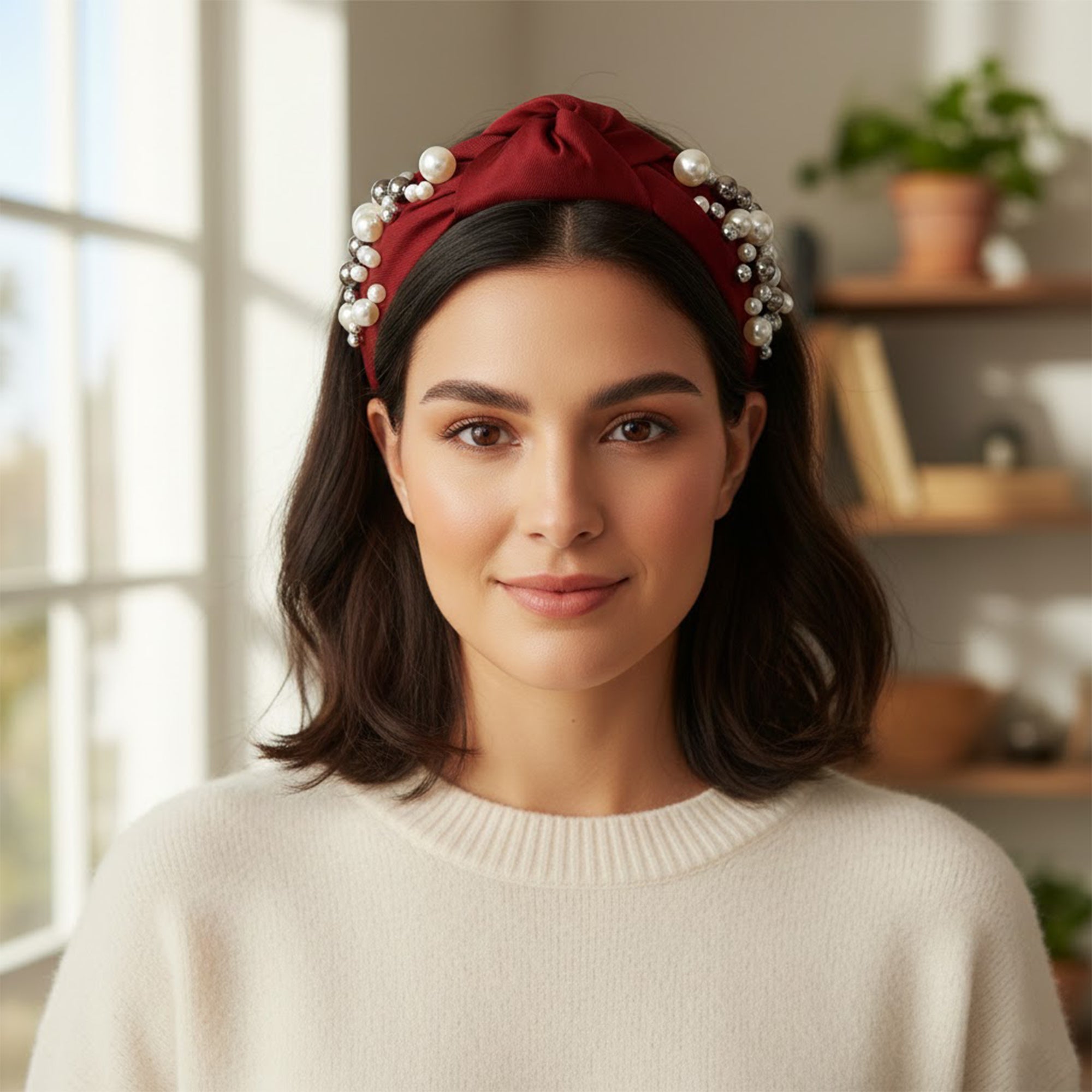 Anna-Kaci Womens Pearl Embellished Knotted Fabric Headband Comfortable Wide Fit