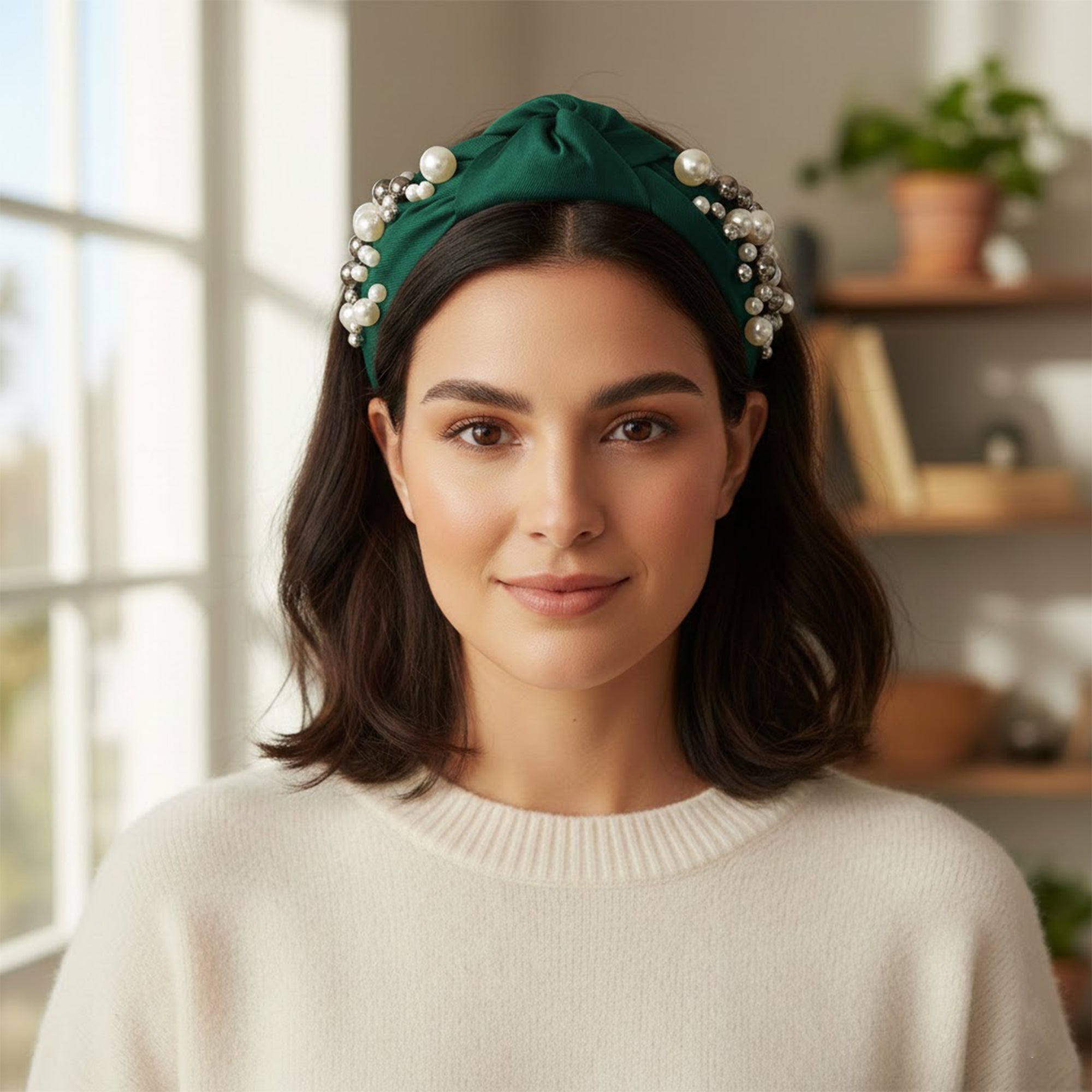 Anna-Kaci Womens Pearl Embellished Knotted Fabric Headband Comfortable Wide Fit