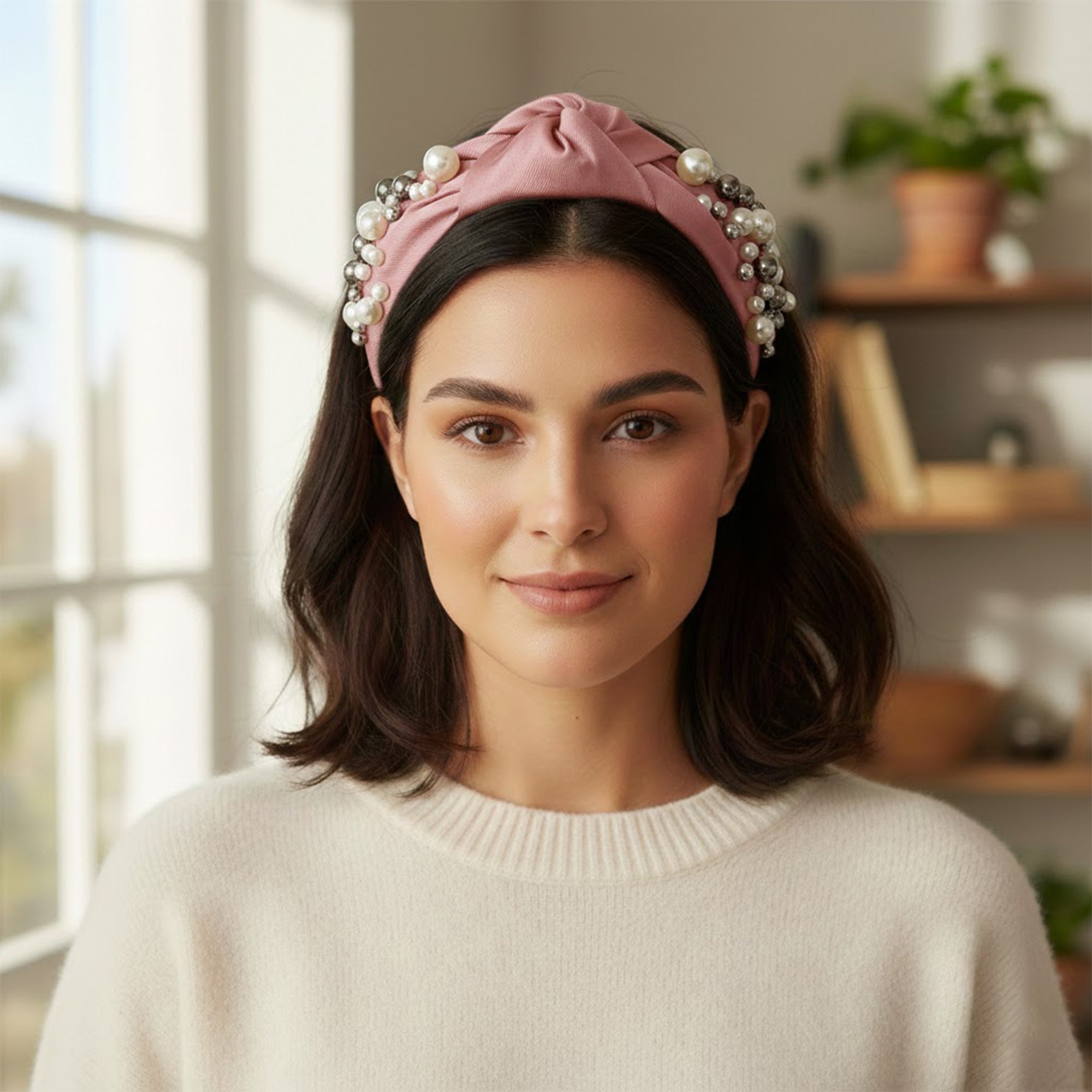 Anna-Kaci Womens Pearl Embellished Knotted Fabric Headband Comfortable Wide Fit