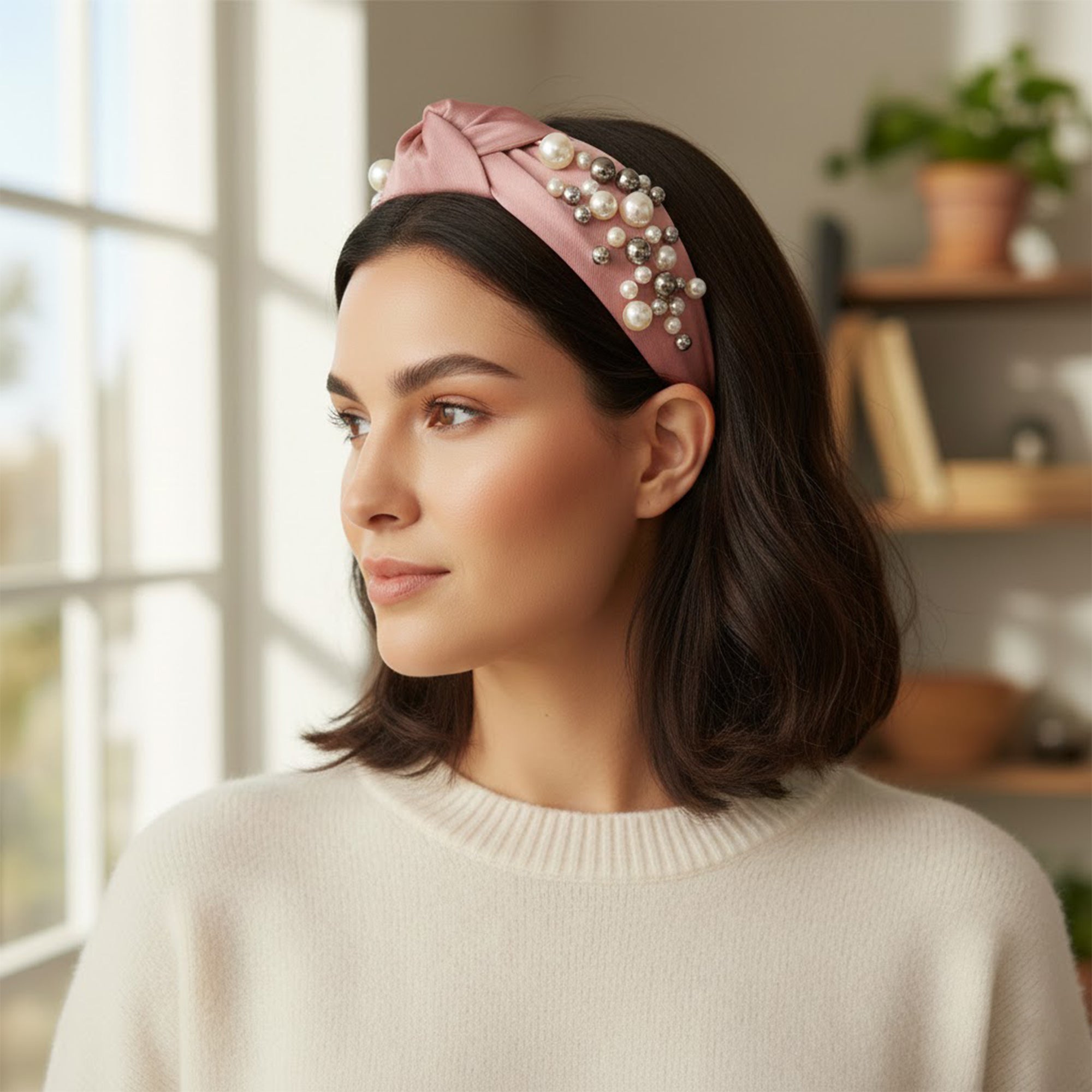 Anna-Kaci Womens Pearl Embellished Knotted Fabric Headband Comfortable Wide Fit