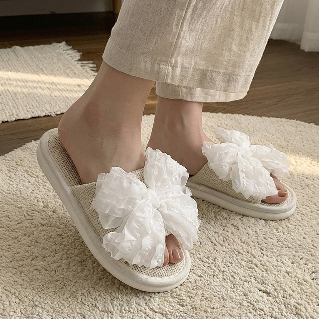 Anna-Kaci Lounge Women's Open Toe Valentine Slide House Slippers with Sheer Bow Upper and Textured Footbed