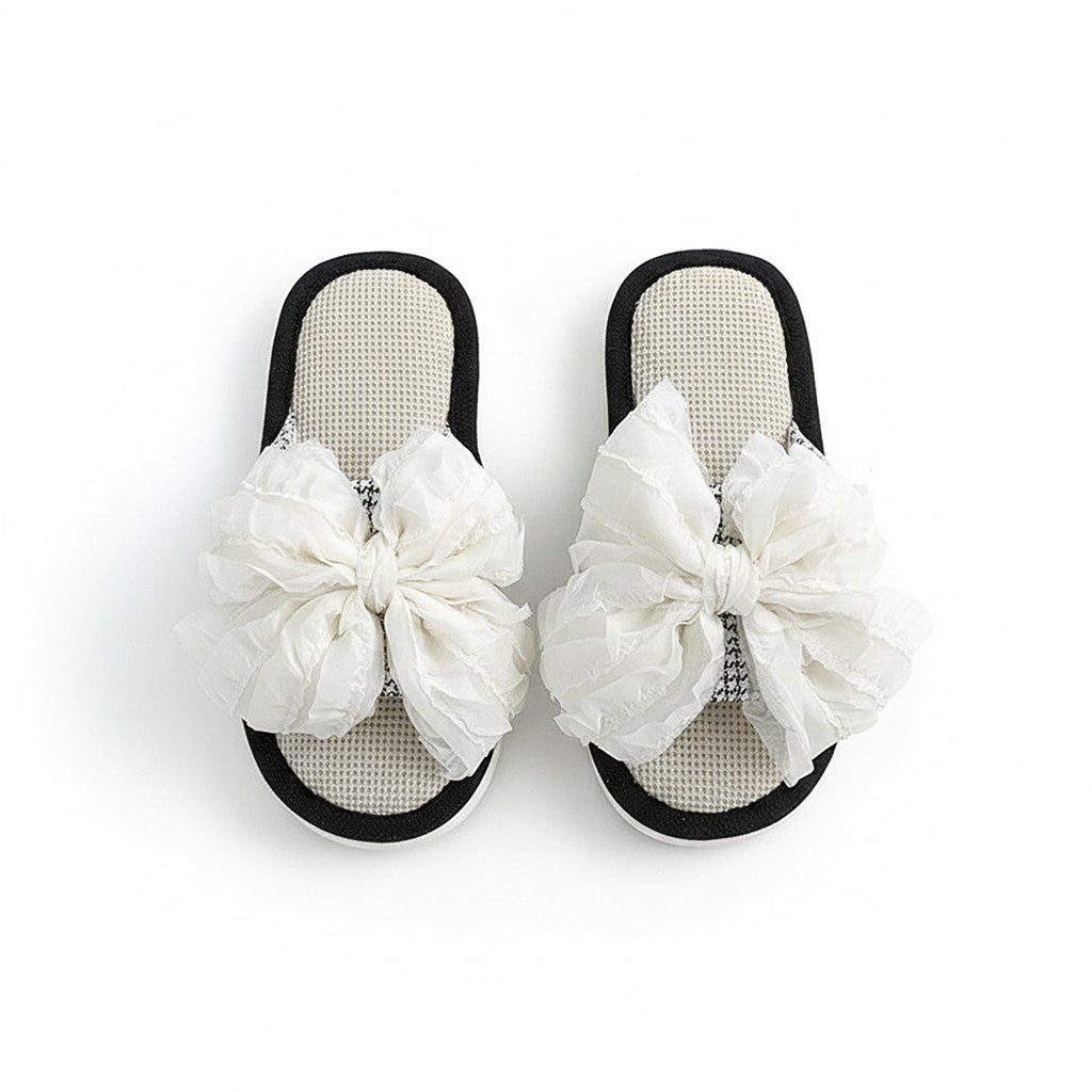 Anna-Kaci Lounge Women's Open Toe Valentine Slide House Slippers with Sheer Bow Upper and Textured Footbed