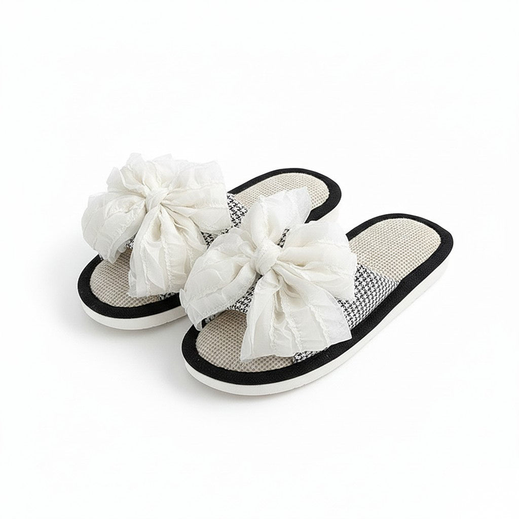 Anna-Kaci Lounge Women's Open Toe Valentine Slide House Slippers with Sheer Bow Upper and Textured Footbed