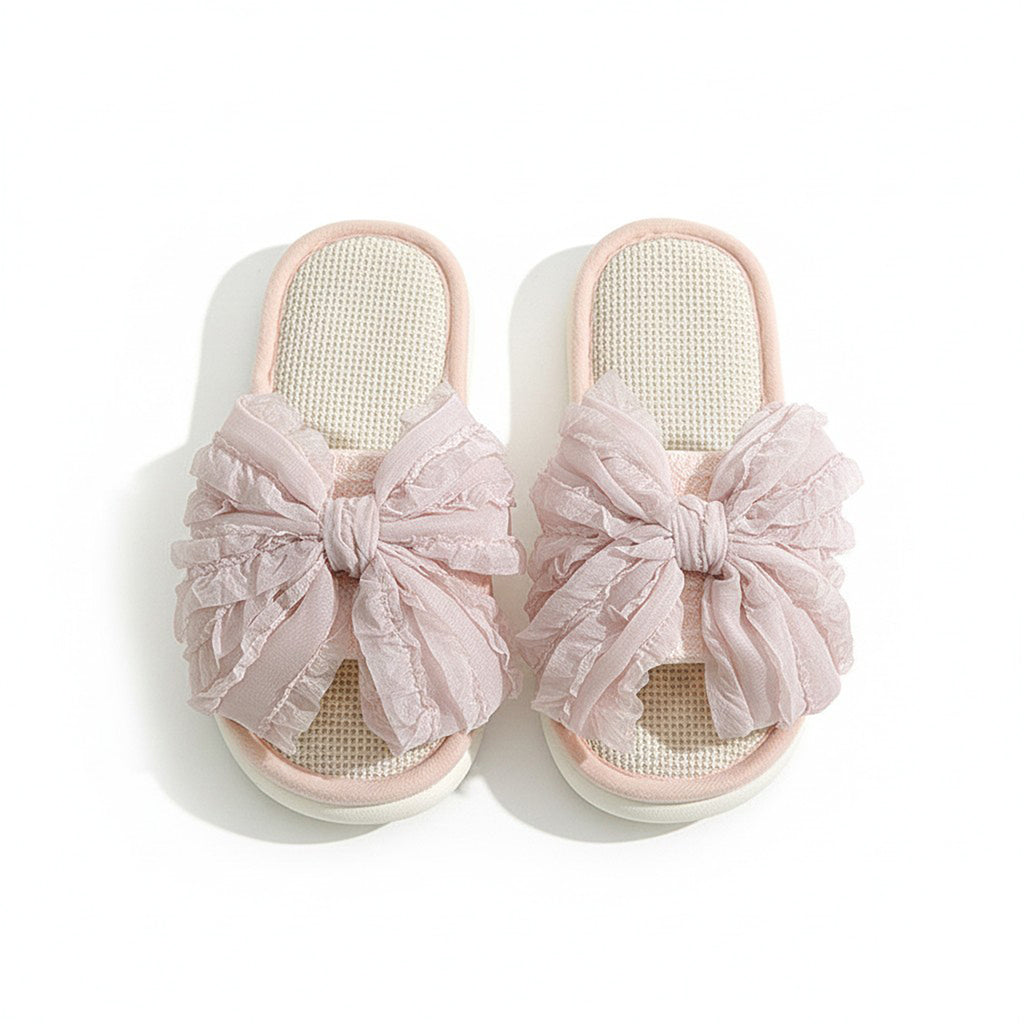 Anna-Kaci Lounge Women's Open Toe Valentine Slide House Slippers with Sheer Bow Upper and Textured Footbed