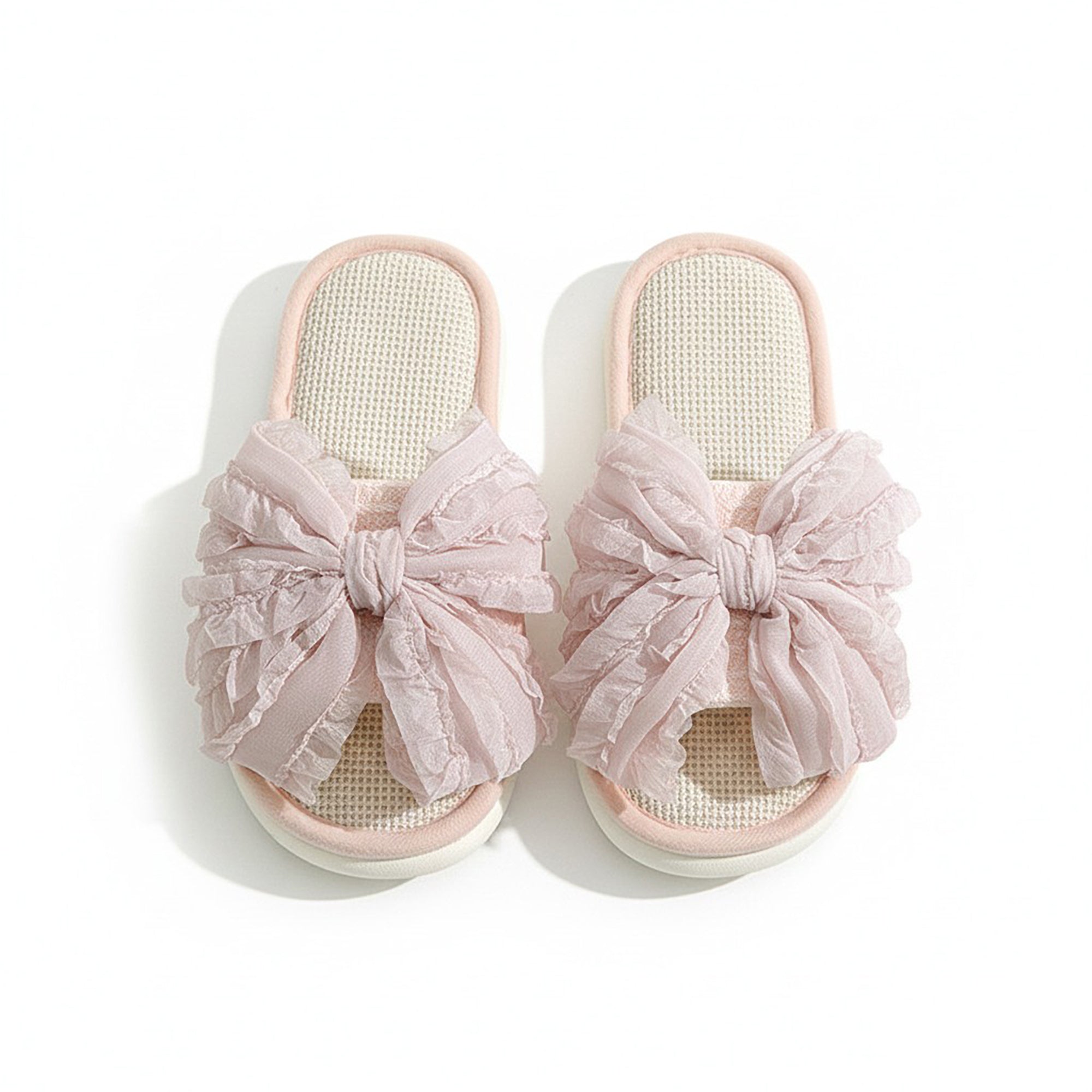 Anna-Kaci Lounge Women's Open Toe Valentine Slide House Slippers with Sheer Bow Upper and Textured Footbed