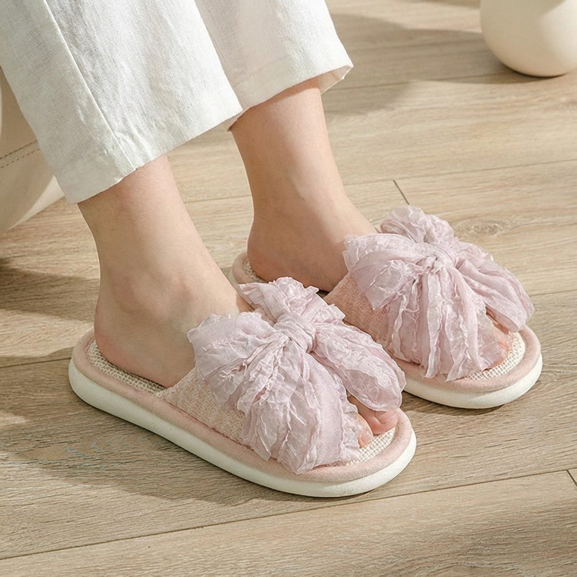 Anna-Kaci Lounge Women's Open Toe Valentine Slide House Slippers with Sheer Bow Upper and Textured Footbed