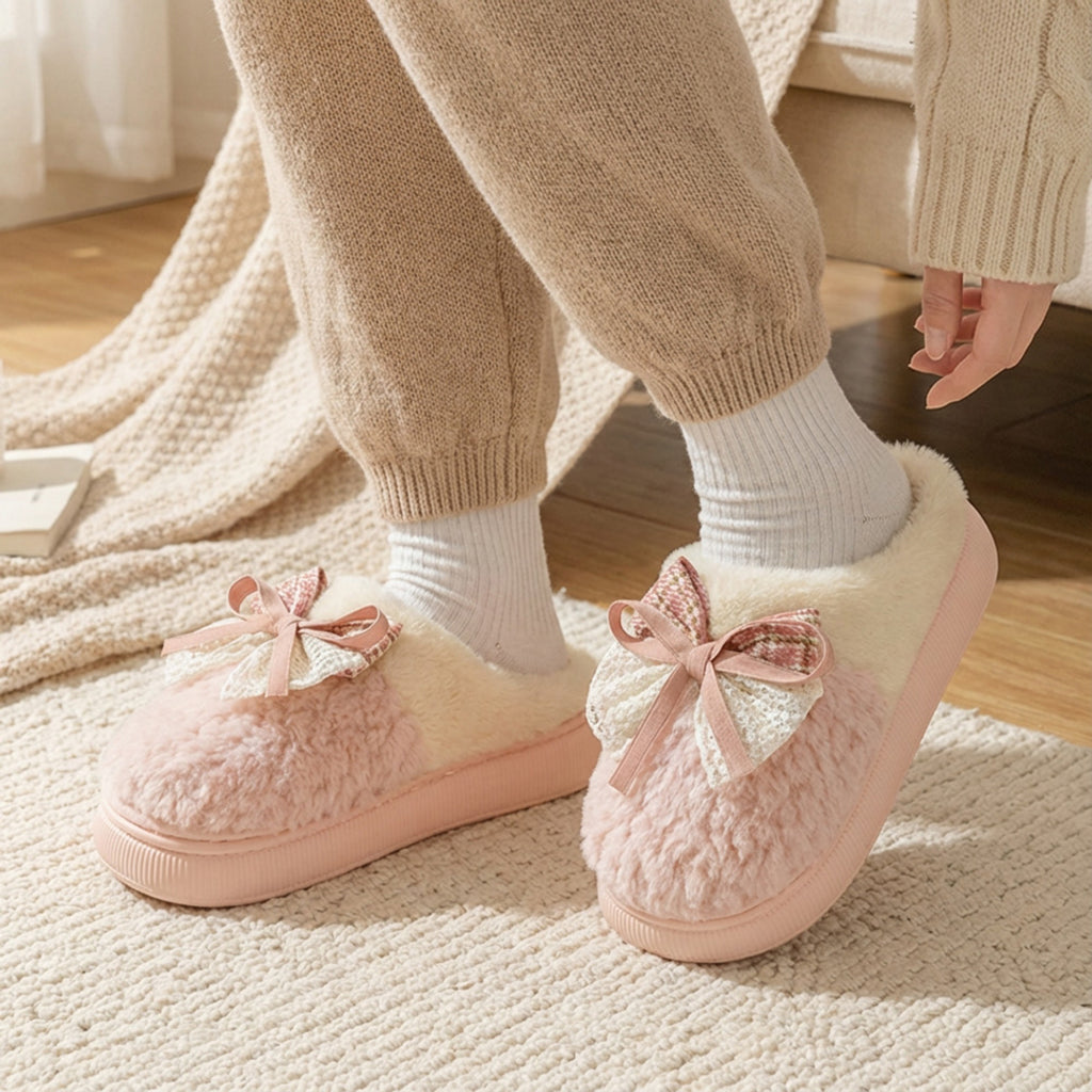 Anna-Kaci Lounge Women's Valentine Plush Closed Toe Mule House Slippers with Decorative Bow and Cushioned Sole
