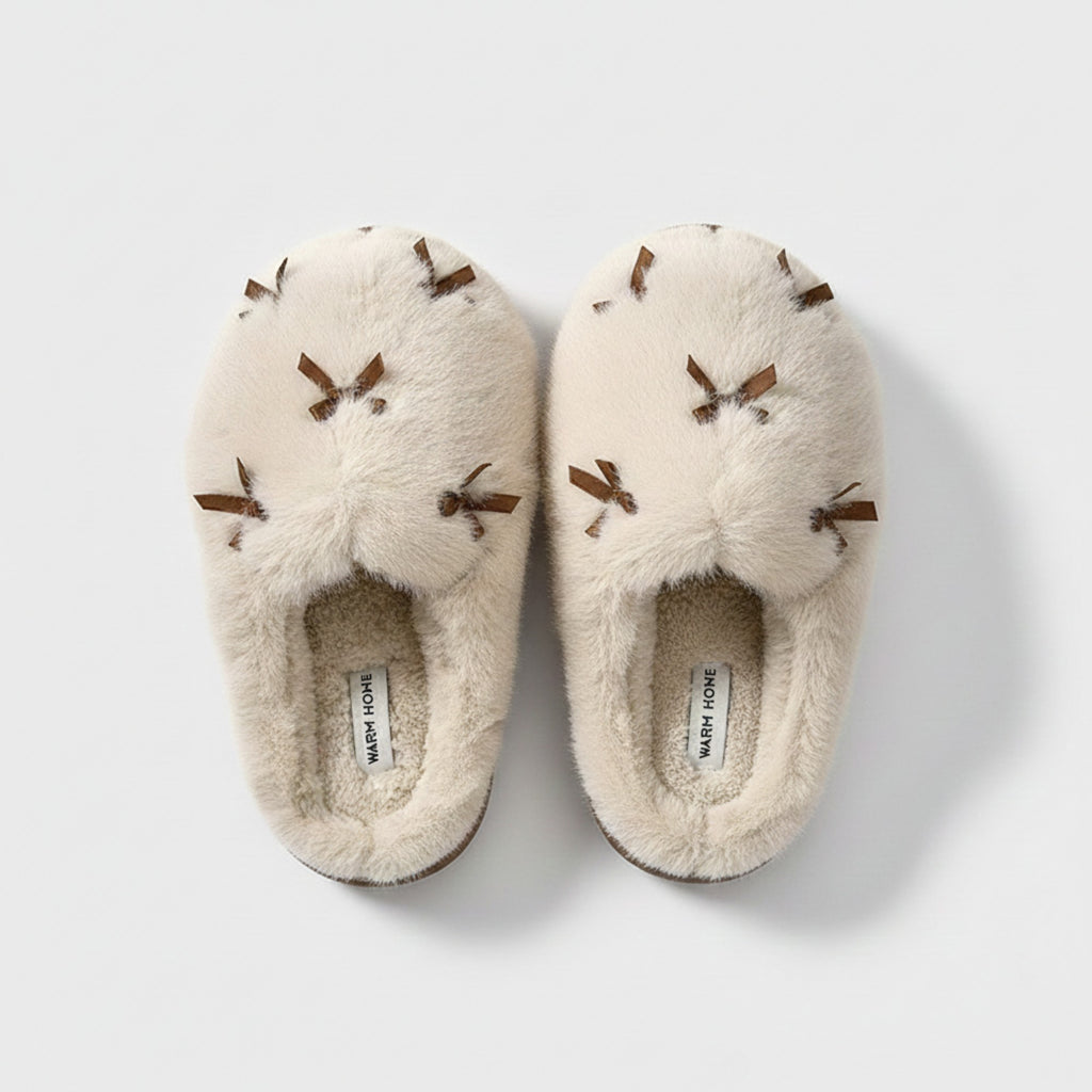 Anna-Kaci Lounge Women's Valentine Plush Closed Toe Slide House Slippers with Mini Bow Accents and Cushioned Sole
