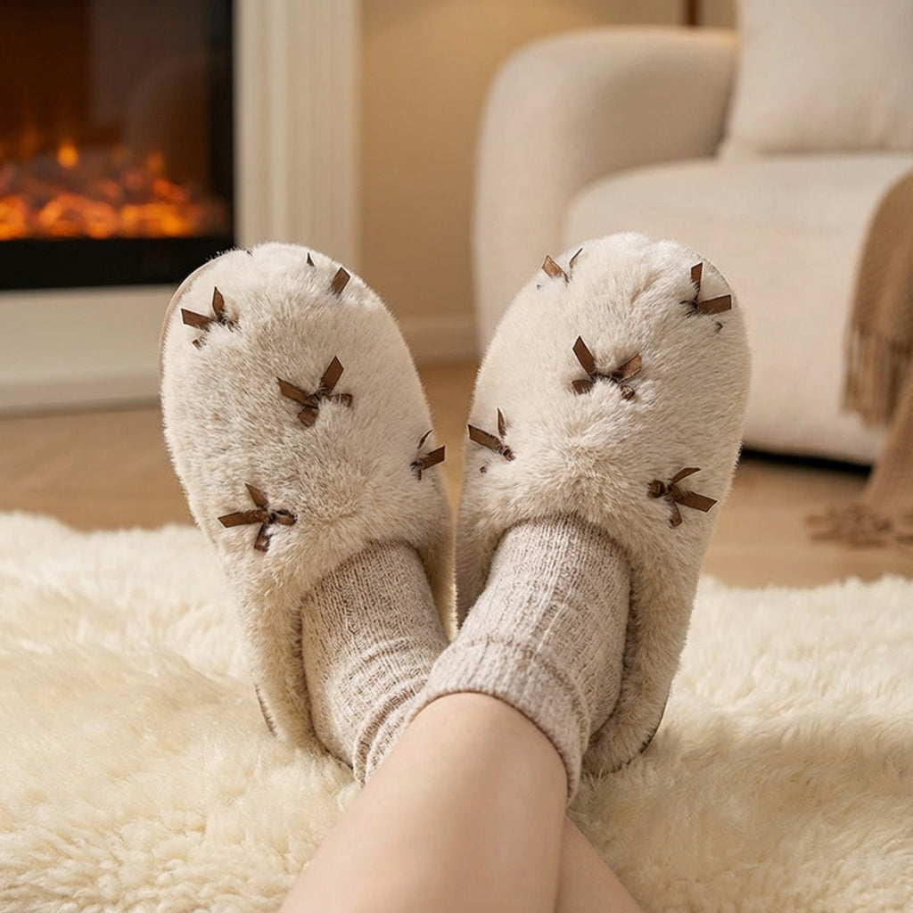 Anna-Kaci Lounge Women's Valentine Plush Closed Toe Slide House Slippers with Mini Bow Accents and Cushioned Sole