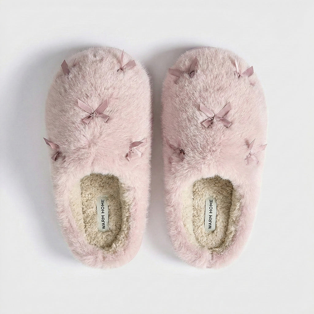 Anna-Kaci Lounge Women's Valentine Plush Closed Toe Slide House Slippers with Mini Bow Accents and Cushioned Sole