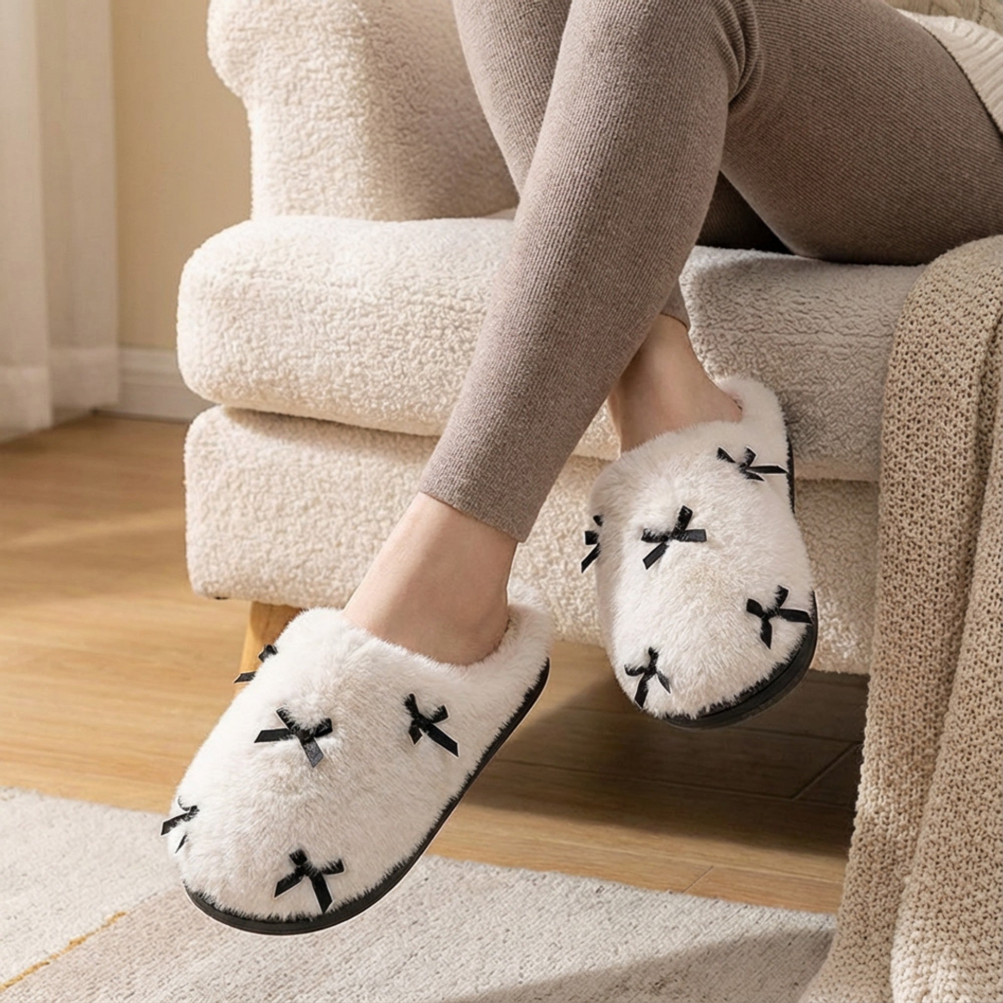 Anna-Kaci Lounge Women's Valentine Plush Closed Toe Slide House Slippers with Mini Bow Accents and Cushioned Sole